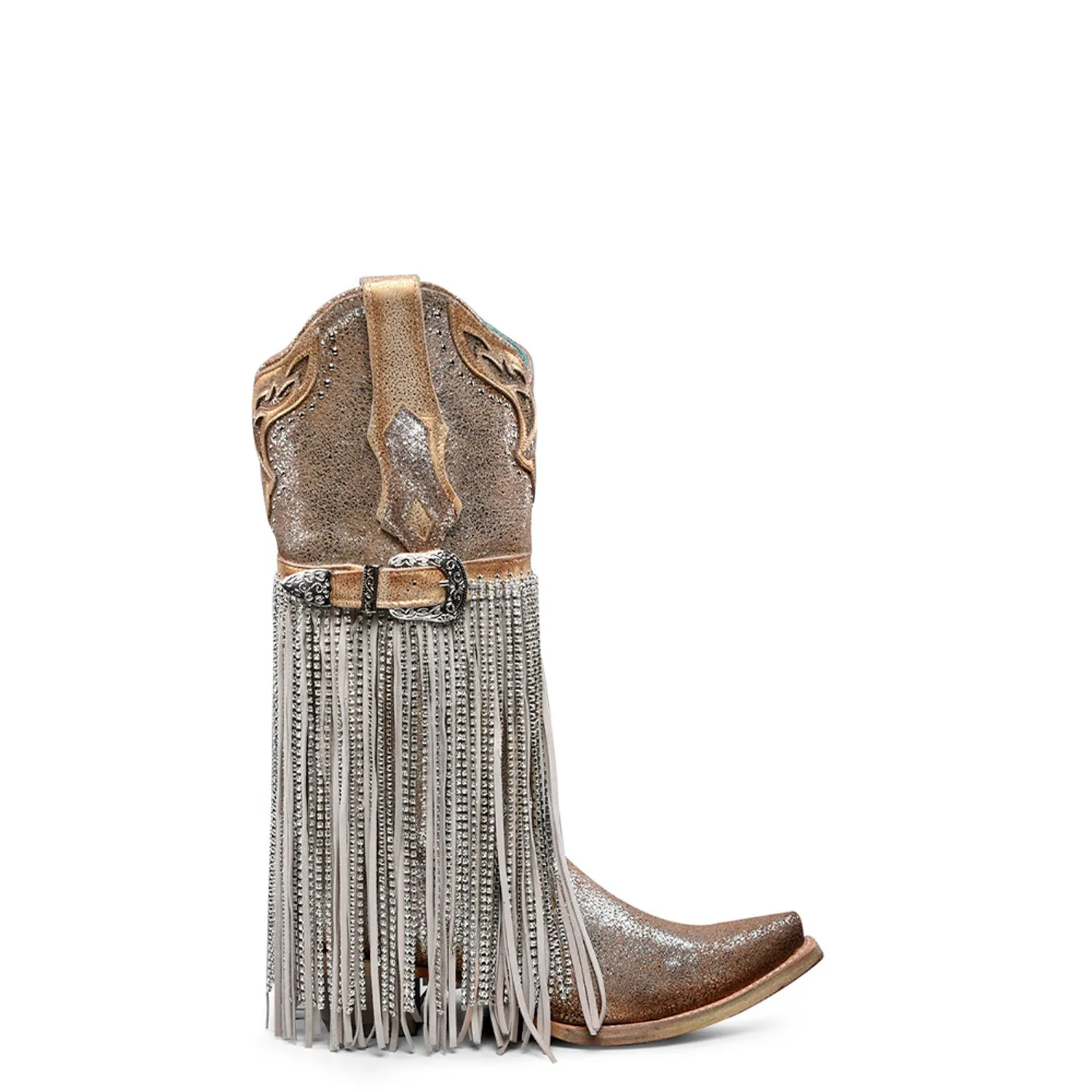 Corral Womens Gold Finish Crystal Fringe Silver Cowhide 13in Cowboy Boots