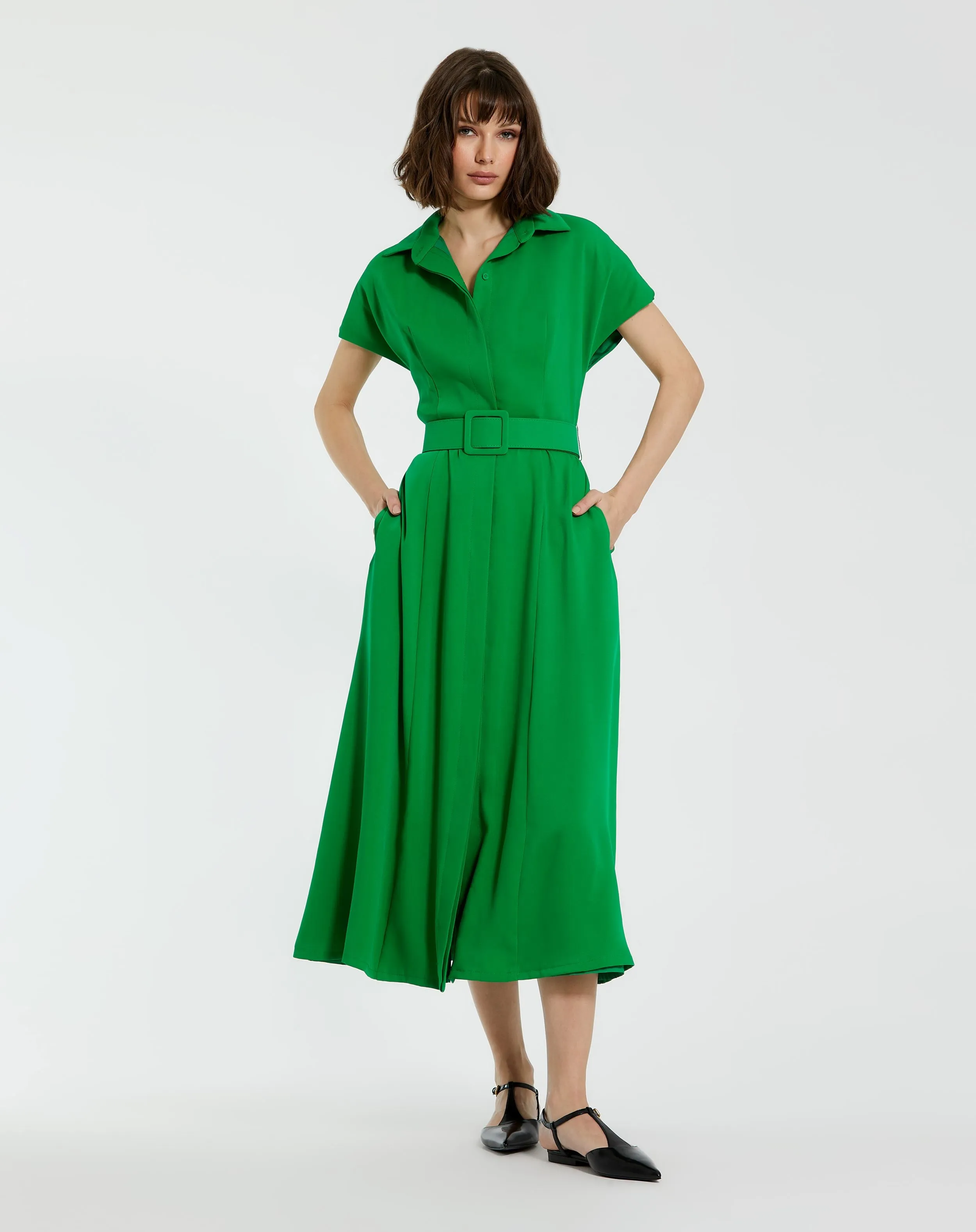 Crepe Collared Short Sleeve Midi Dress With Belt