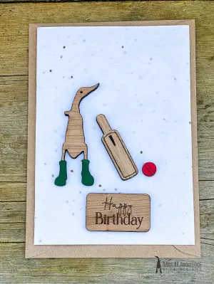 Cricket - Birthday or Father’s Day Card - Decorated Wooden Duck in Boots by Mrs H the Duck Lady