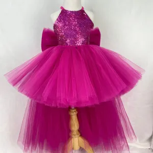 Cute trailing bow mesh baby's first birthday party girl princess dress