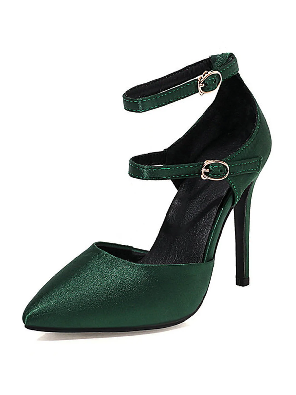 Dark Green Satin Double Buckle Belts High Heel Shoes