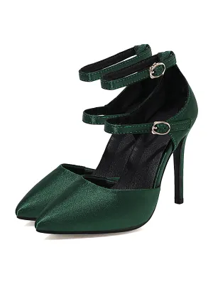 Dark Green Satin Double Buckle Belts High Heel Shoes