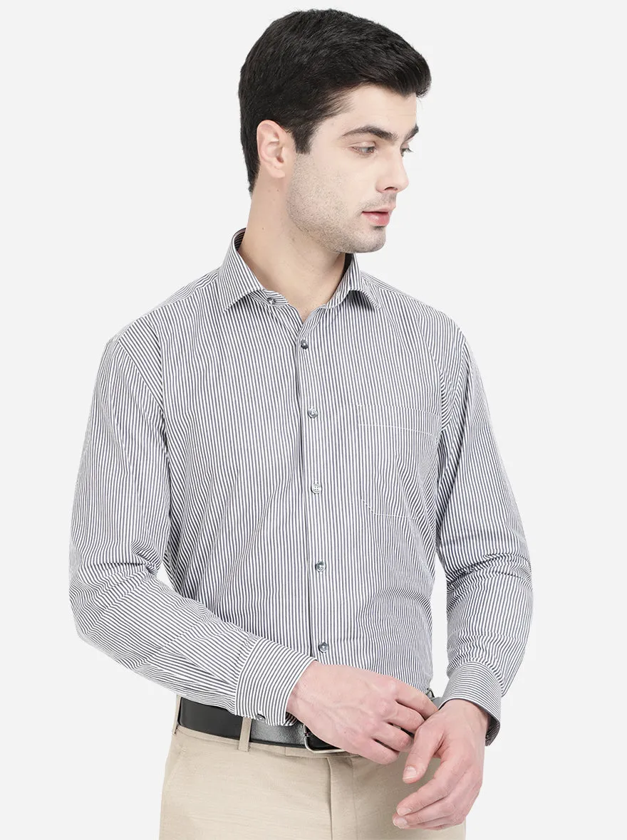 Dark Grey & White Striped Regular Fit Formal Shirt | JadeBlue