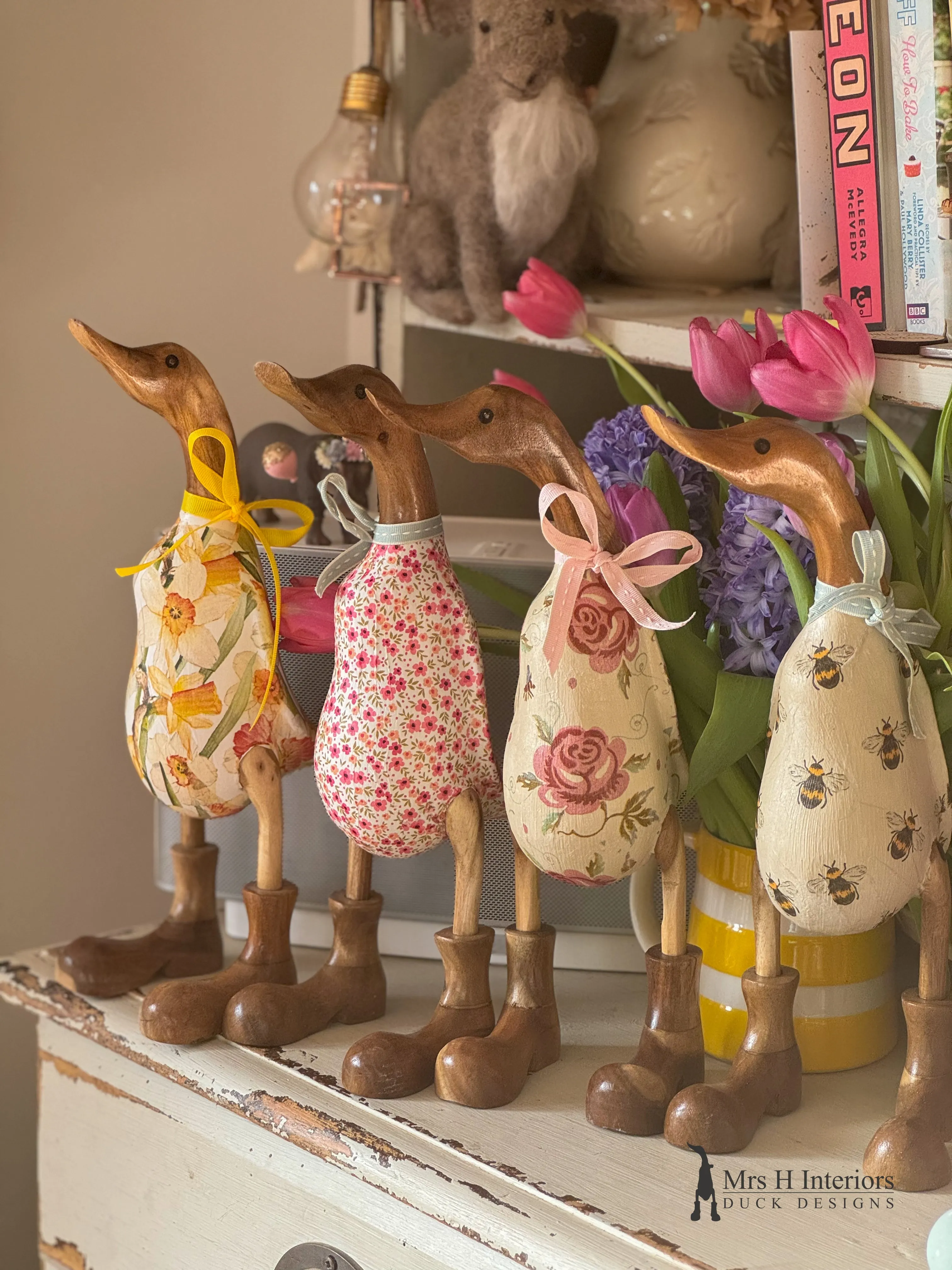 Dilly the ditsy floral decorated Wooden Duck in Boots by Mrs H the Duck Lady