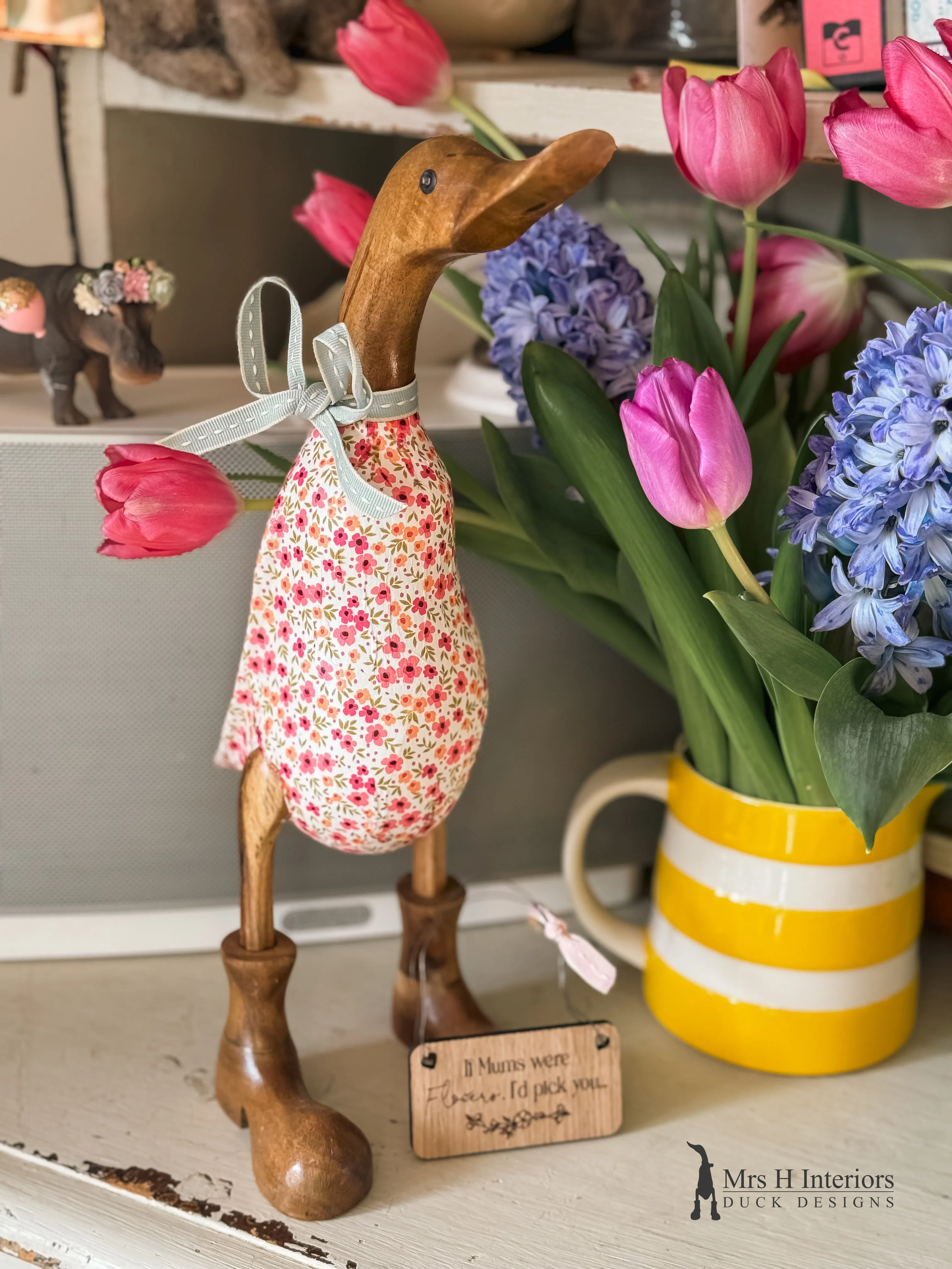 Dilly the ditsy floral decorated Wooden Duck in Boots by Mrs H the Duck Lady