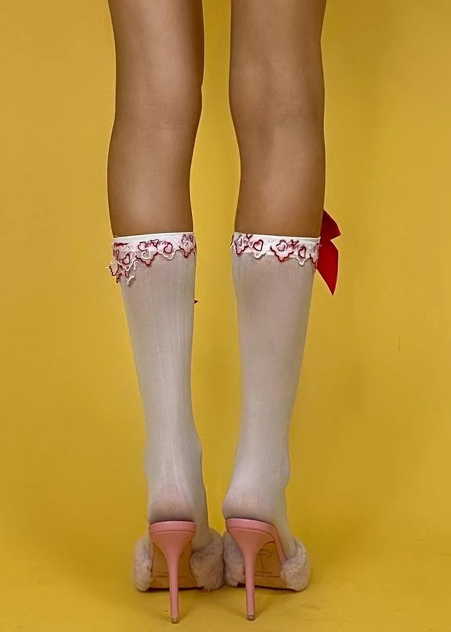 Ditsy Embroidered Heart Sheer Nylon Socks | White & Red