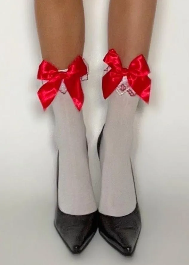 Ditsy Embroidered Heart Sheer Nylon Socks | White & Red