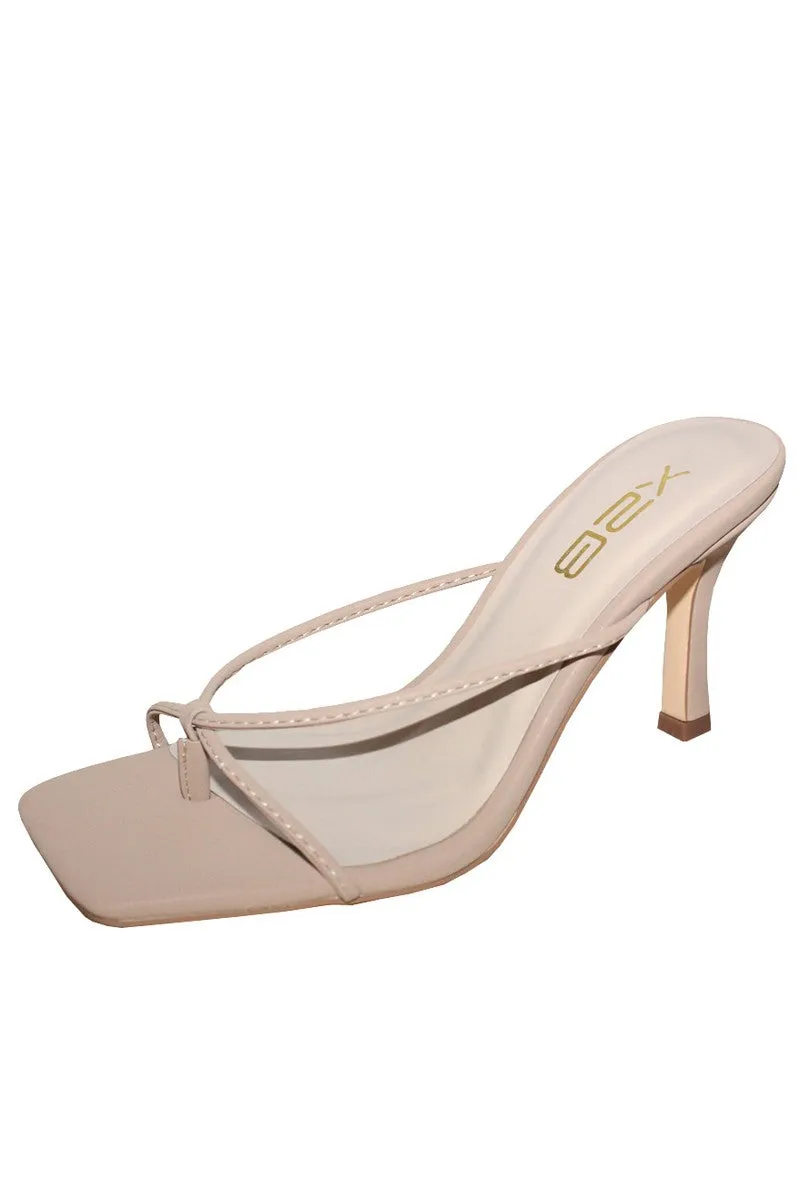 DOVIE-1 Nude Kitten Heel Split Toe Nude Faux Leather - Slip On - Square Open Toe