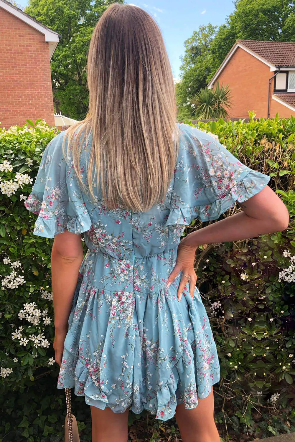 Duck Egg Floral Print V Neck Frill Dress