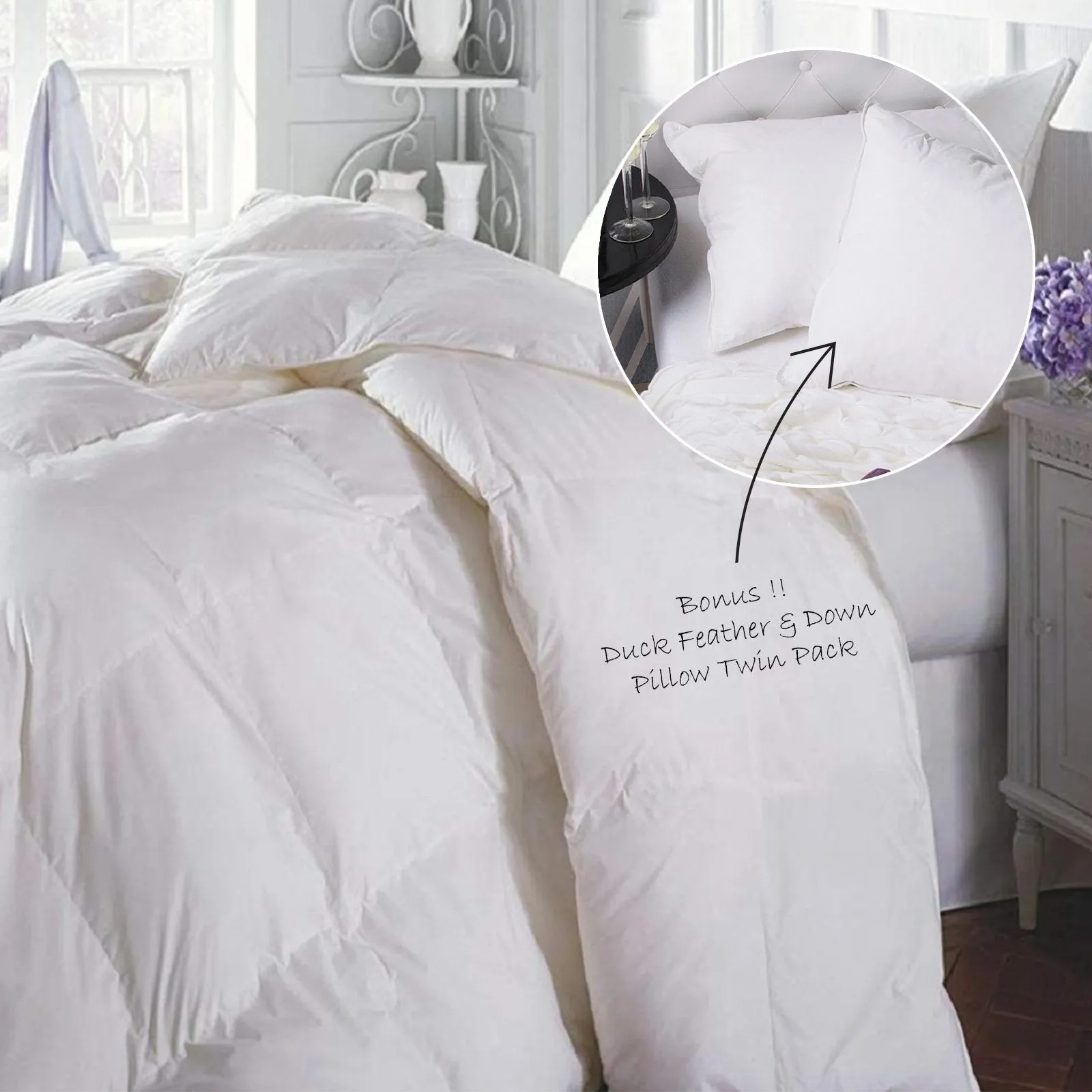 Duck Feather & Down Quilt 500GSM   Duck Feather and Down Pillows 2 Pack Combo Single White