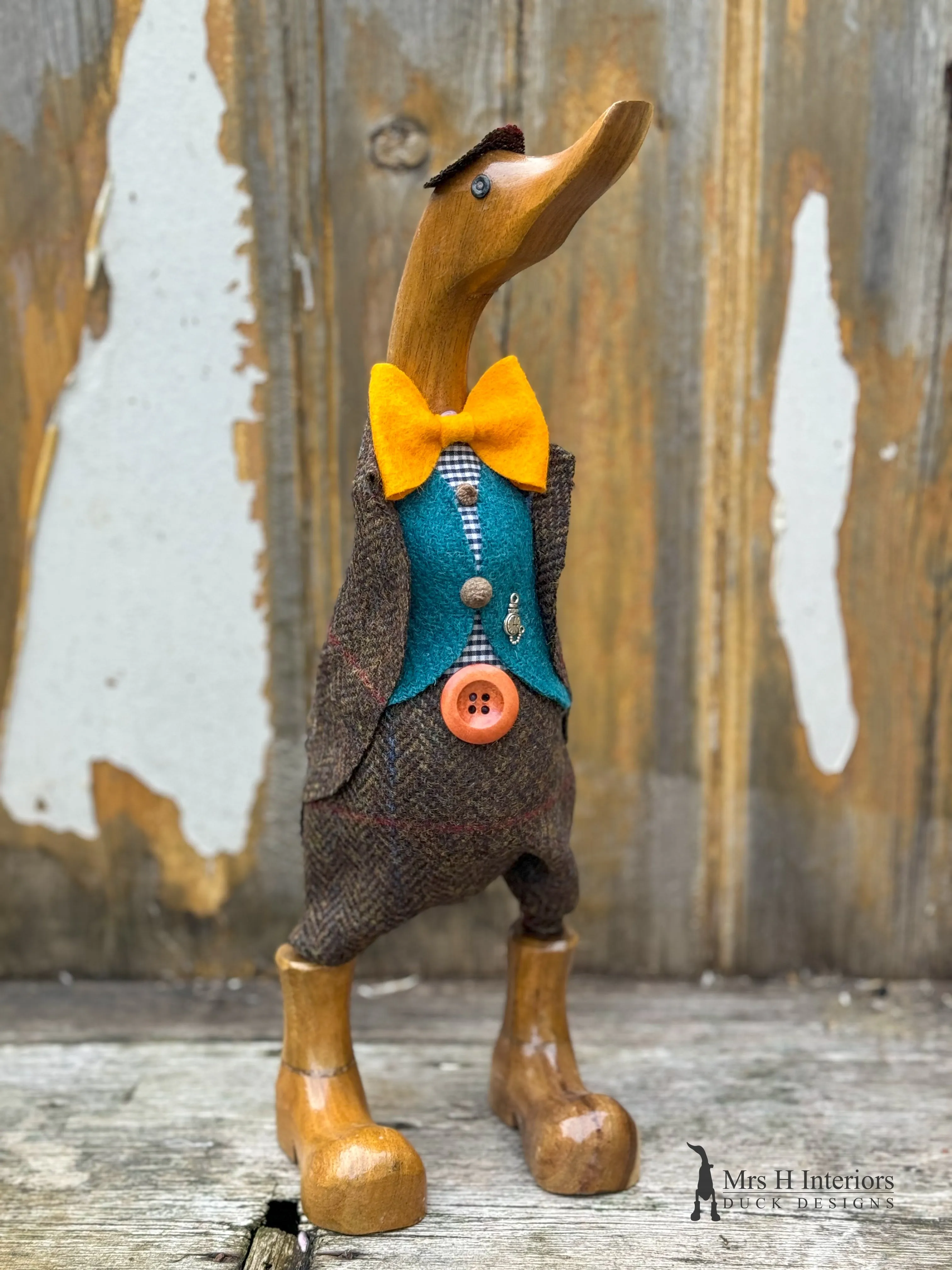 Duke the drake, Harris tweed wearing, super refined gent - Decorated Wooden Duck in Boots by Mrs H the Duck Lady