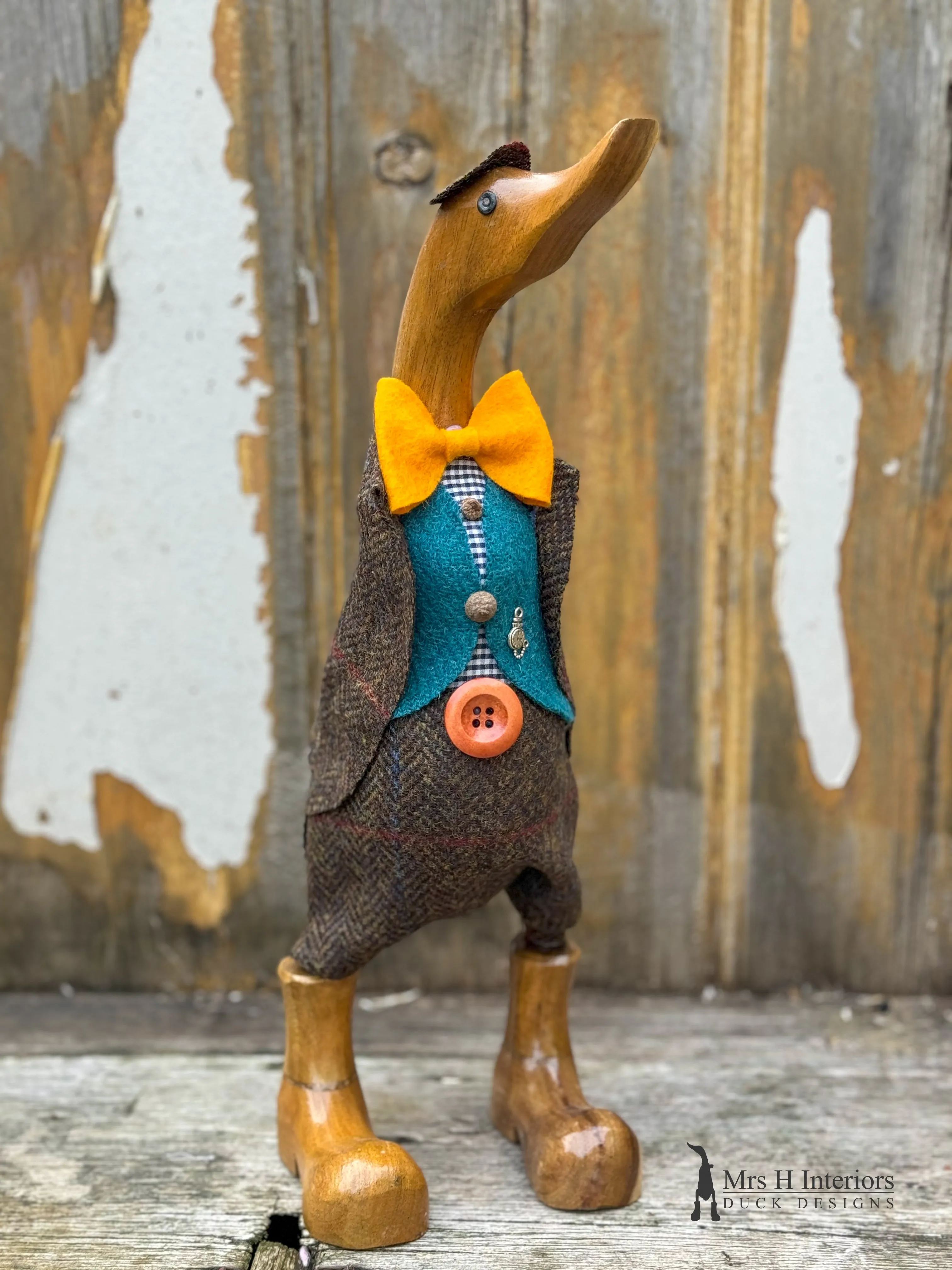 Duke the drake, Harris tweed wearing, super refined gent - Decorated Wooden Duck in Boots by Mrs H the Duck Lady