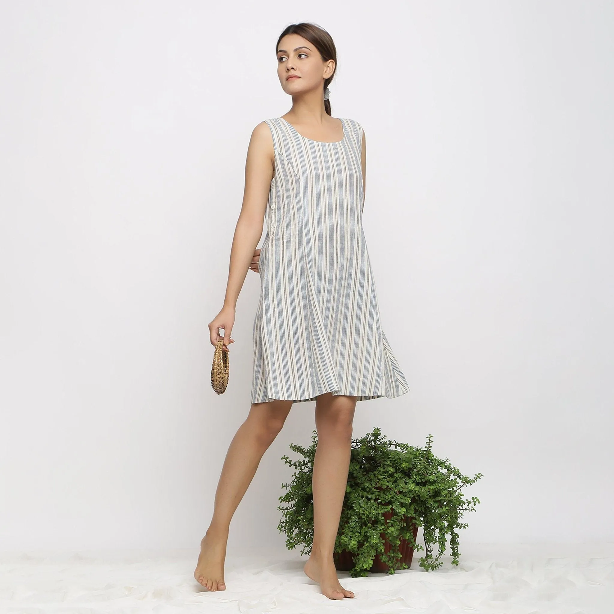 Ecru Striped Handspun Cotton Knee Length Princess-line Dress