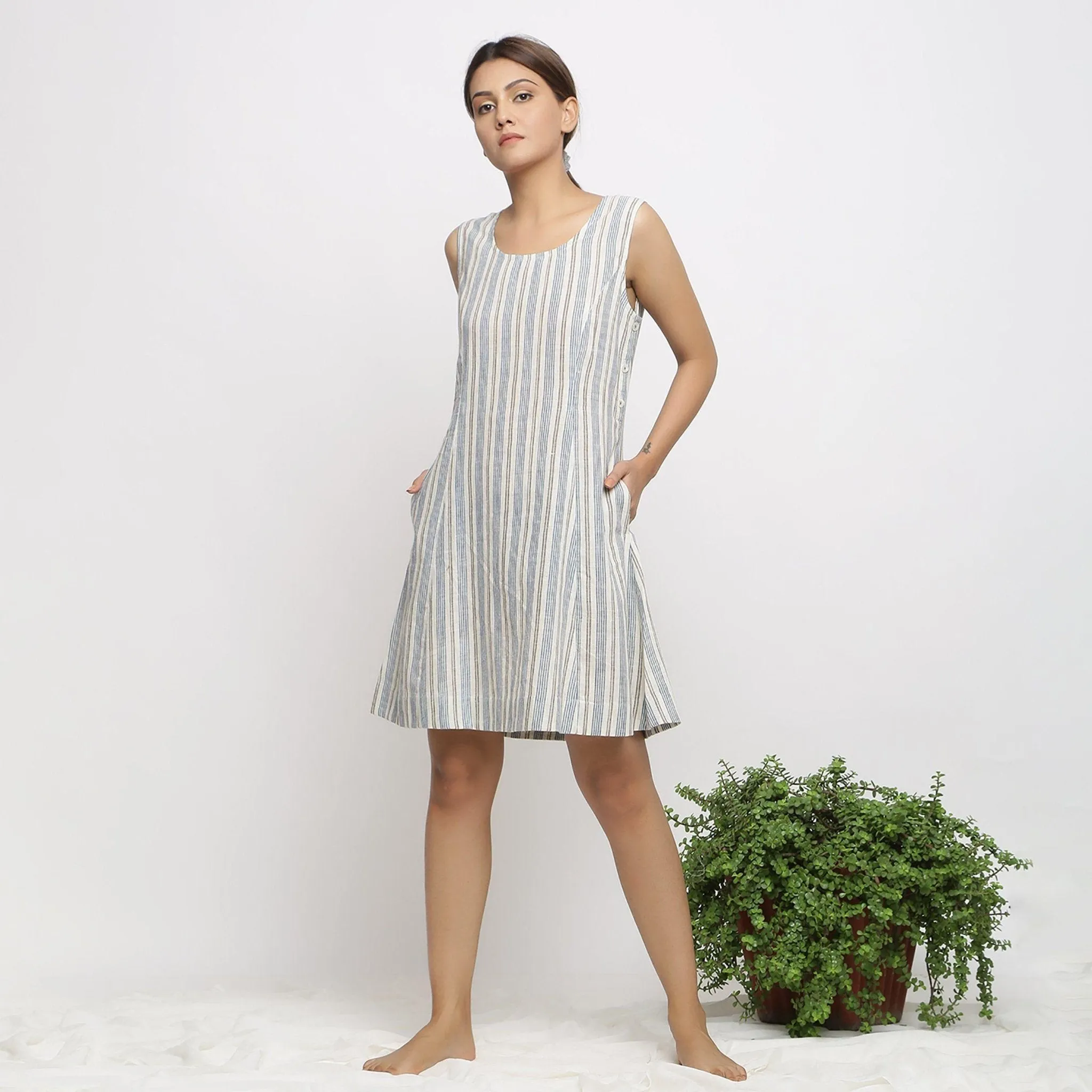 Ecru Striped Handspun Cotton Knee Length Princess-line Dress