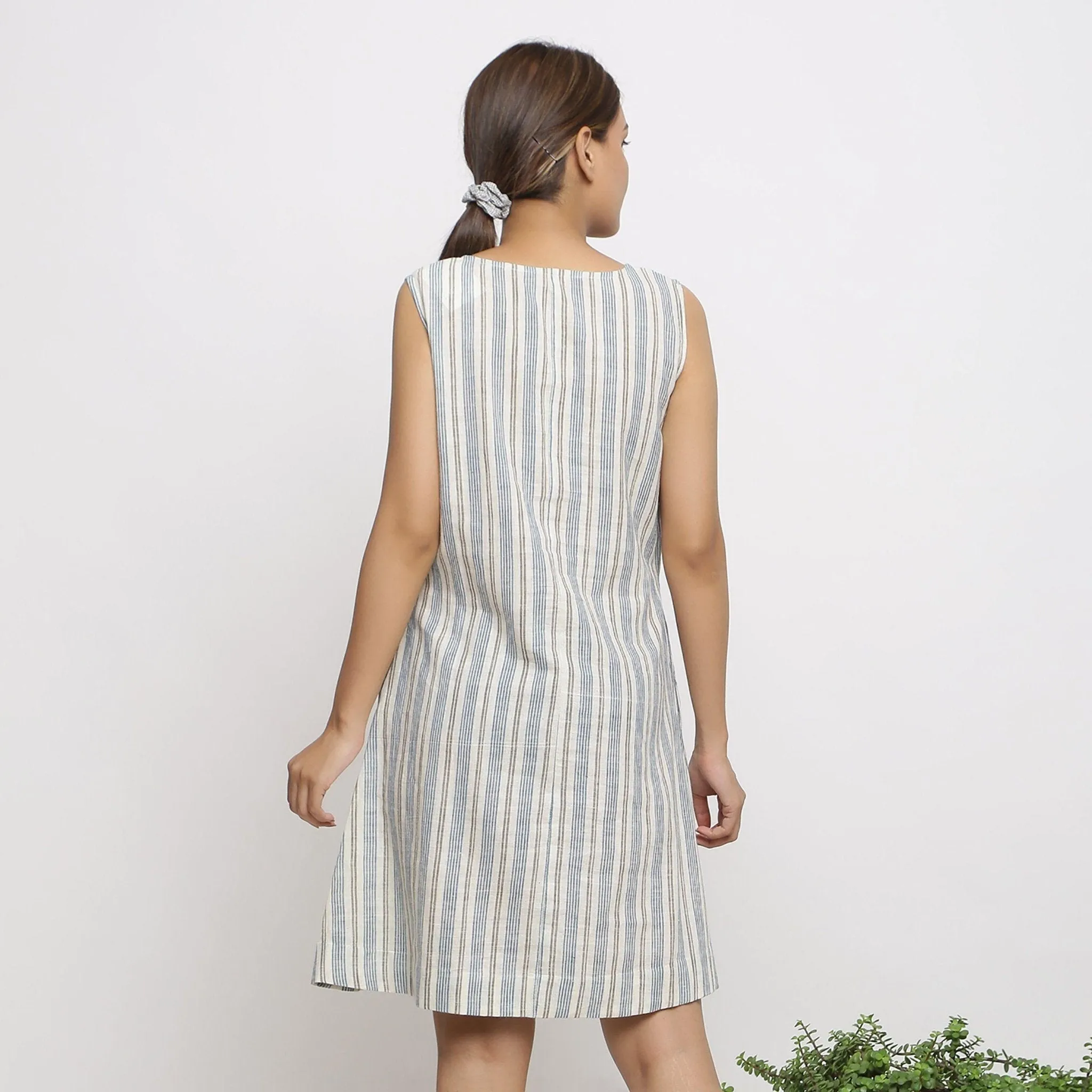 Ecru Striped Handspun Cotton Knee Length Princess-line Dress