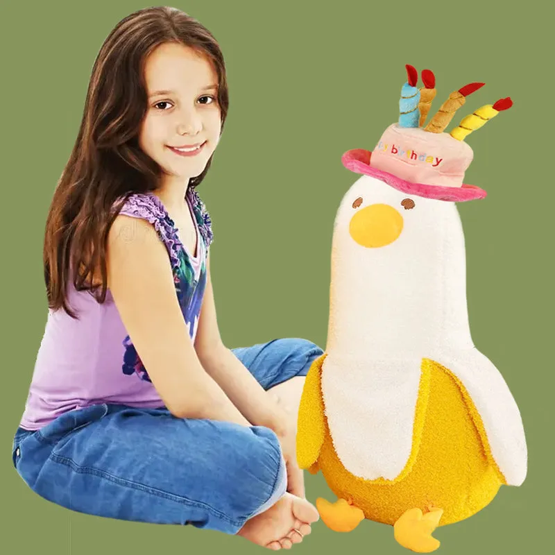 ELAINREN Happy Birthday Banana Duck Plush Toy Cute Stuffed Banana Duck Wearing Birthday Hat/19.6''