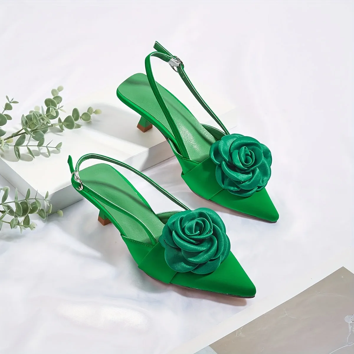 Elegant Kitten Heel Sandals - Flower Decor Pointed Toe, Slingback Low Heels, Fashionable Dating Shoes for Women - Perfect for Banquet, Party, and Special Occasions