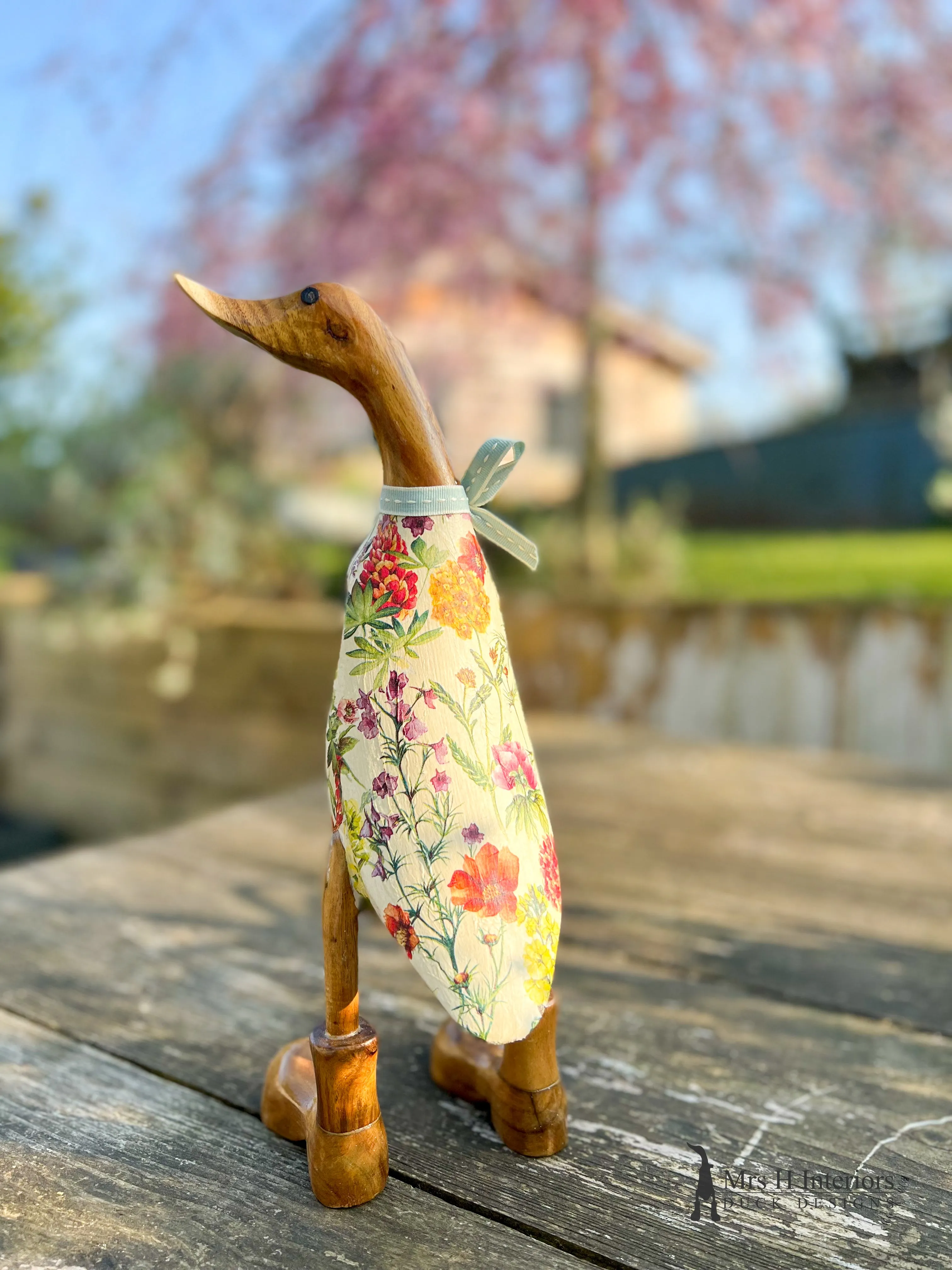 Ella The Floral Duck - Decorated Wooden Duck in Boots by Mrs H the Duck Lady