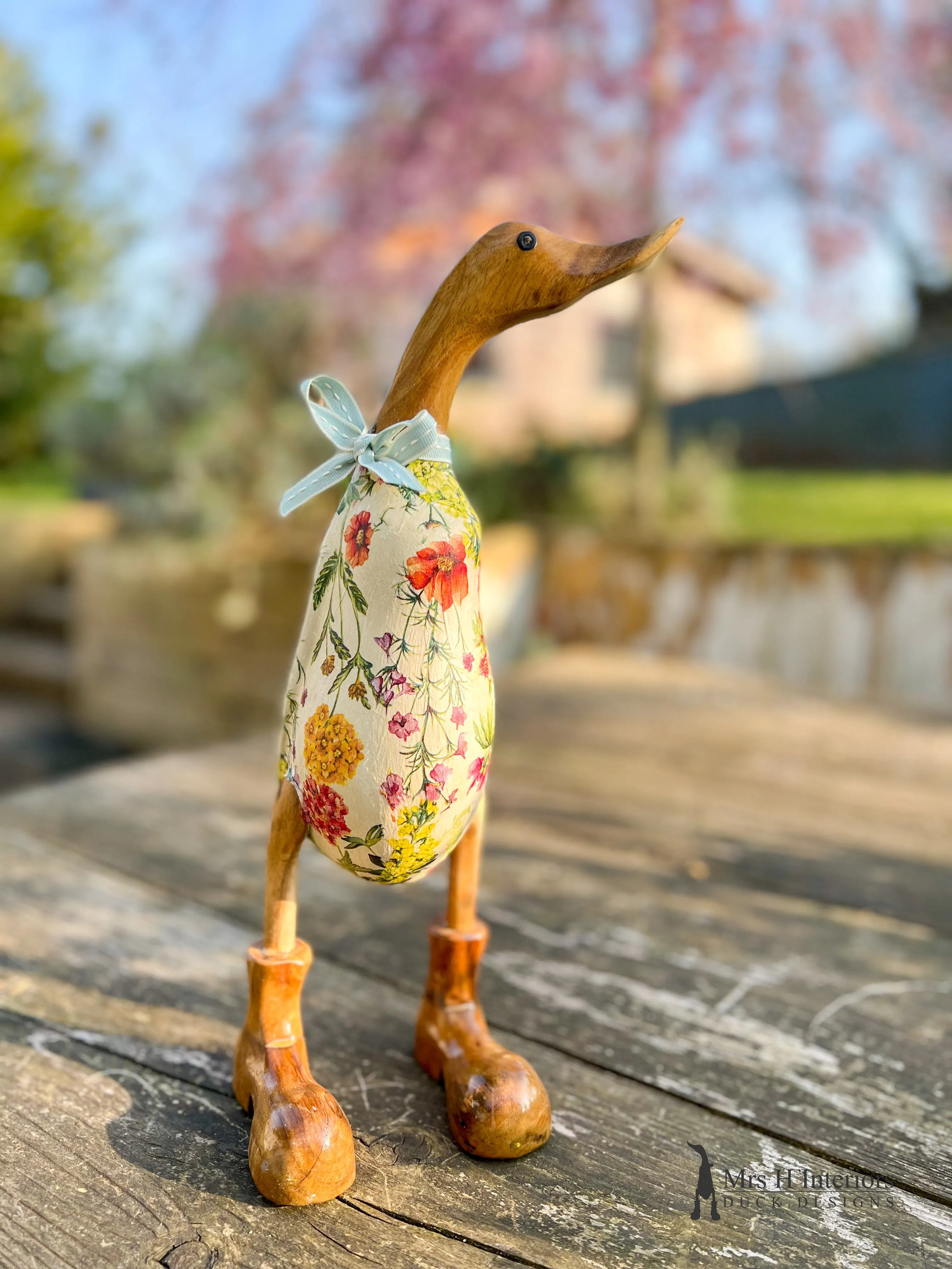 Ella The Floral Duck - Decorated Wooden Duck in Boots by Mrs H the Duck Lady