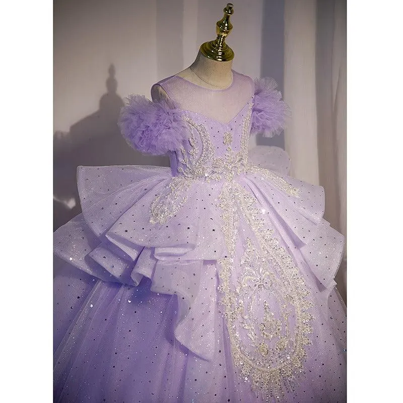 Enchanted Purple Princess Dress Shiny Silver Embroidered Ball Gown