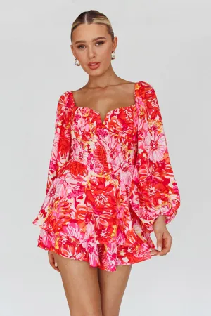 Evanice Shirred Waist Romper Floral Red