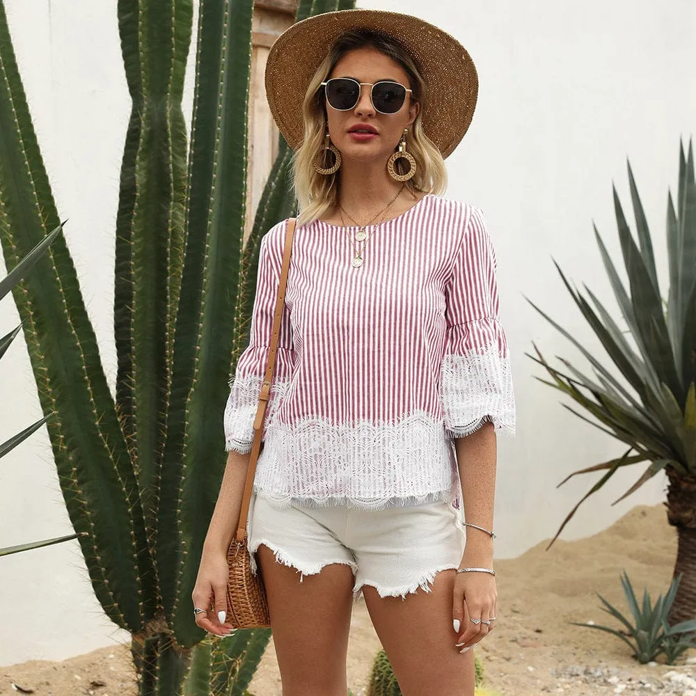 Eyelash Lace Trim Striped Blouse