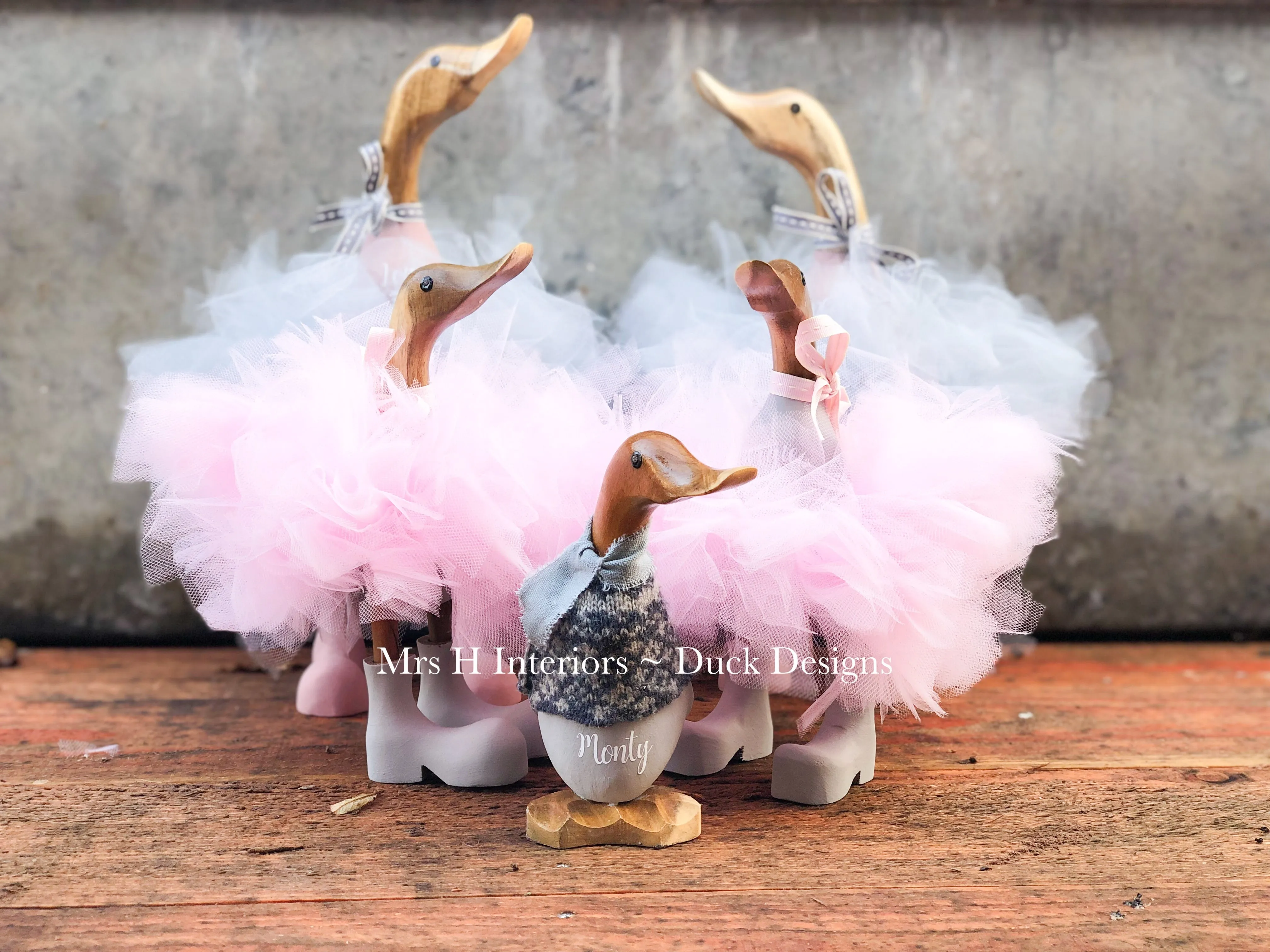 Family of Six Wooden Ducks - Decorated Wooden Duck in Boots by Mrs H the Duck Lady