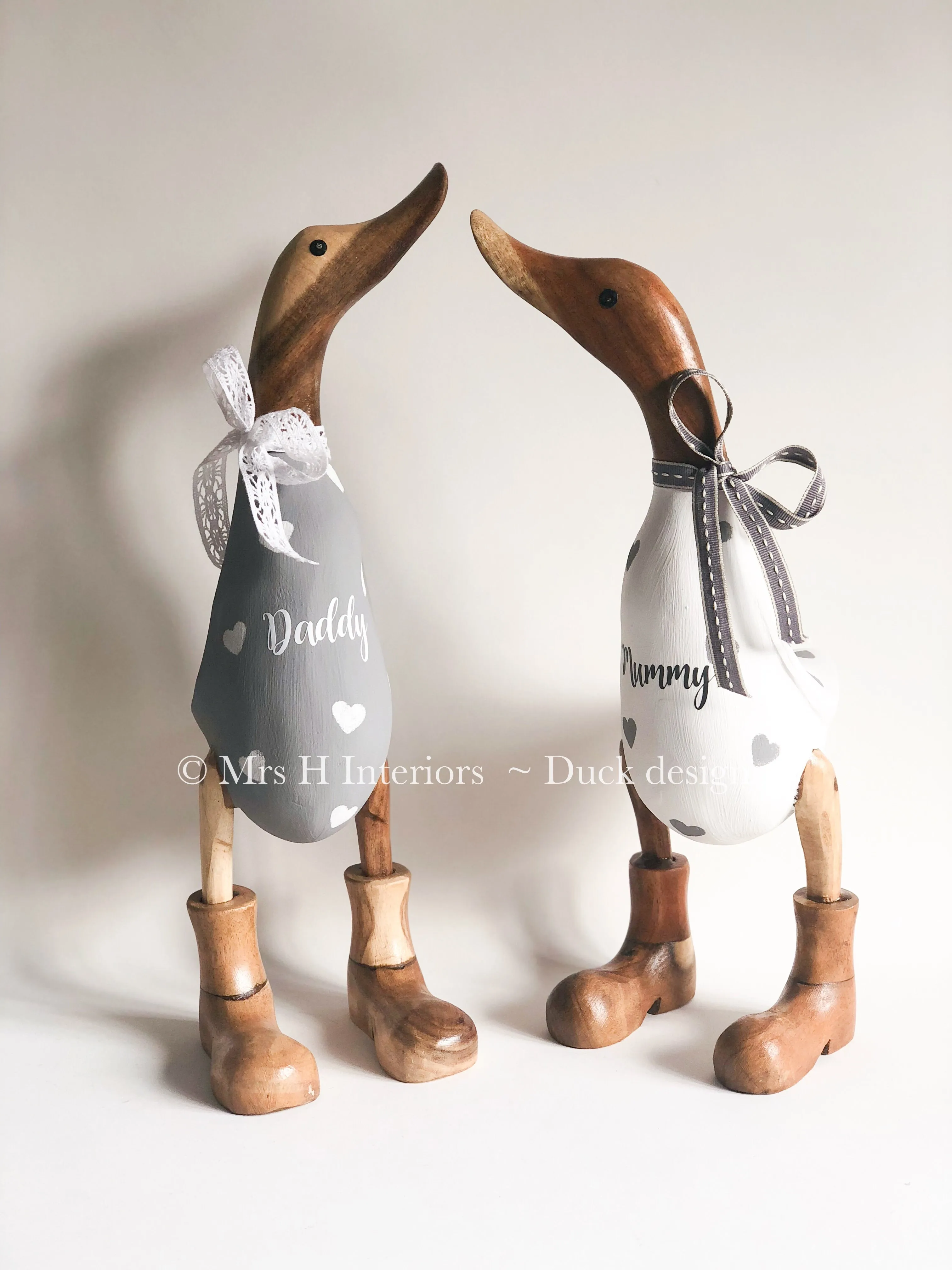 Family of Two Wooden Ducks - Decorated Wooden Duck in Boots by Mrs H the Duck Lady