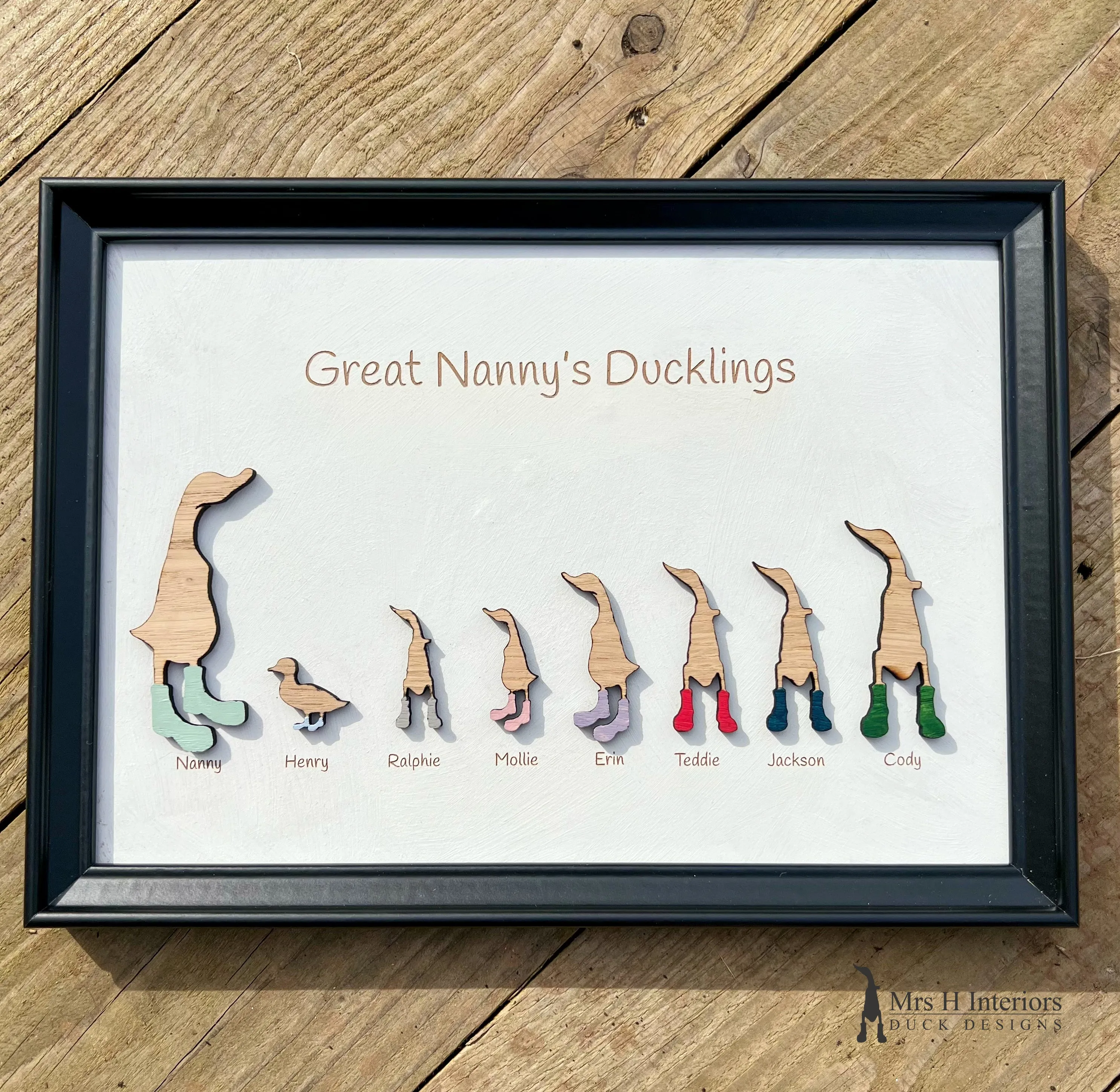 Family portrait A3. Personalised Decorated Wooden Ducks in Boots by Mrs H the Duck Lady