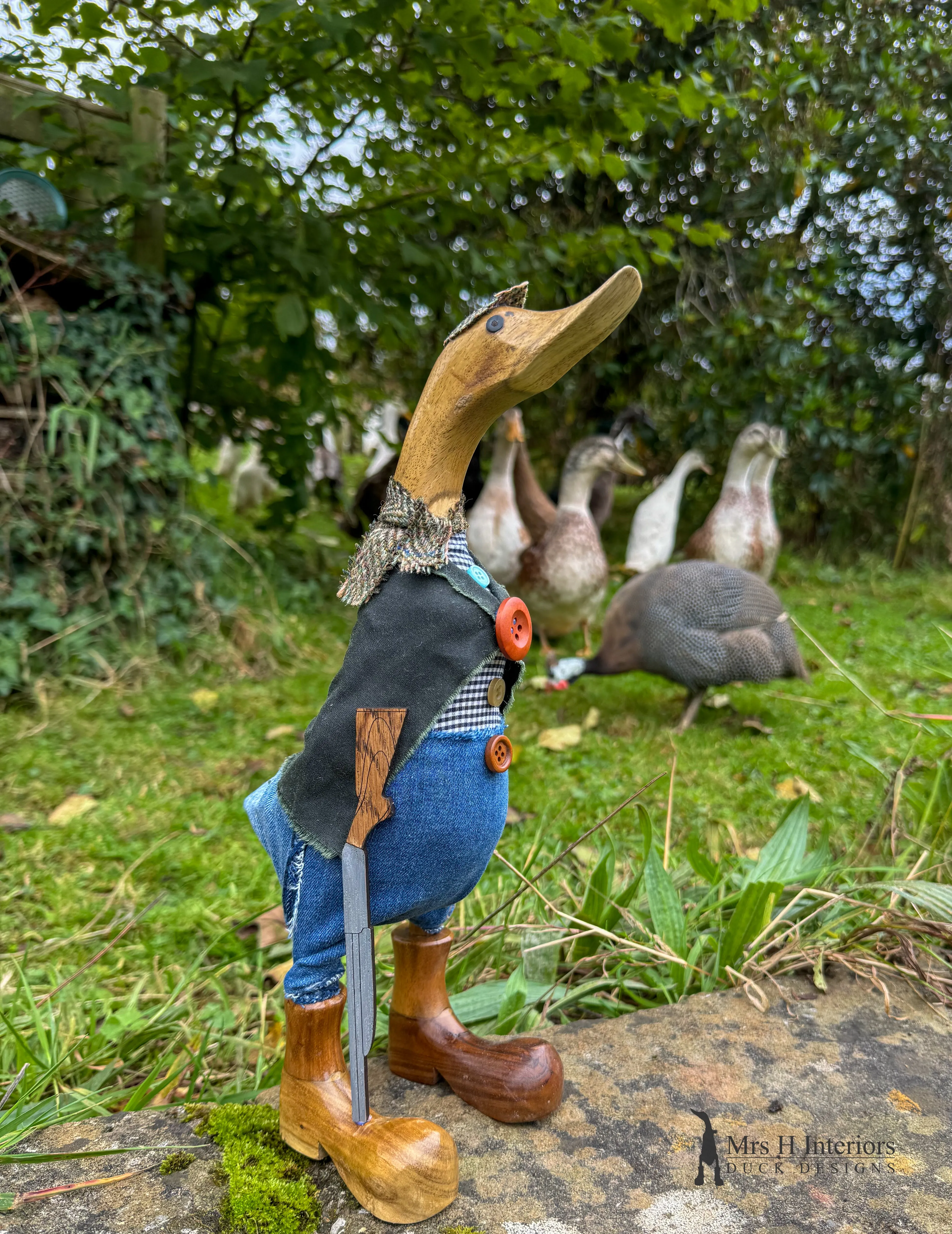 Farmer Giles, wax jacket, jeans and tweed wearing country chap - Decorated Wooden Duck in Boots by Mrs H the Duck Lady