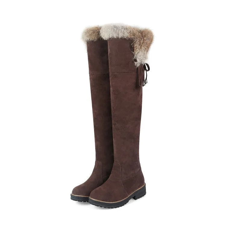 Faux suede plush lined over the knee boots with fuzzy trim