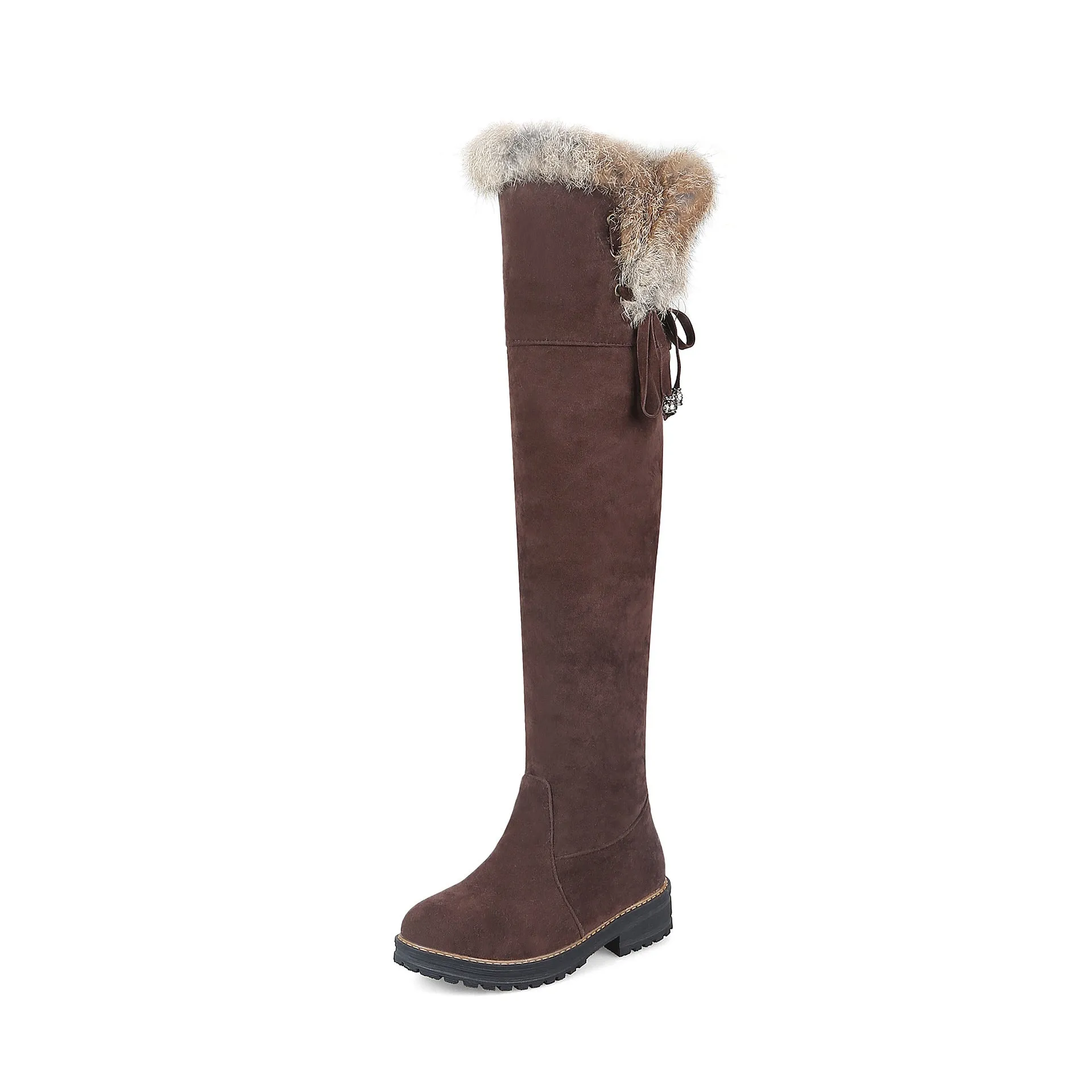 Faux suede plush lined over the knee boots with fuzzy trim