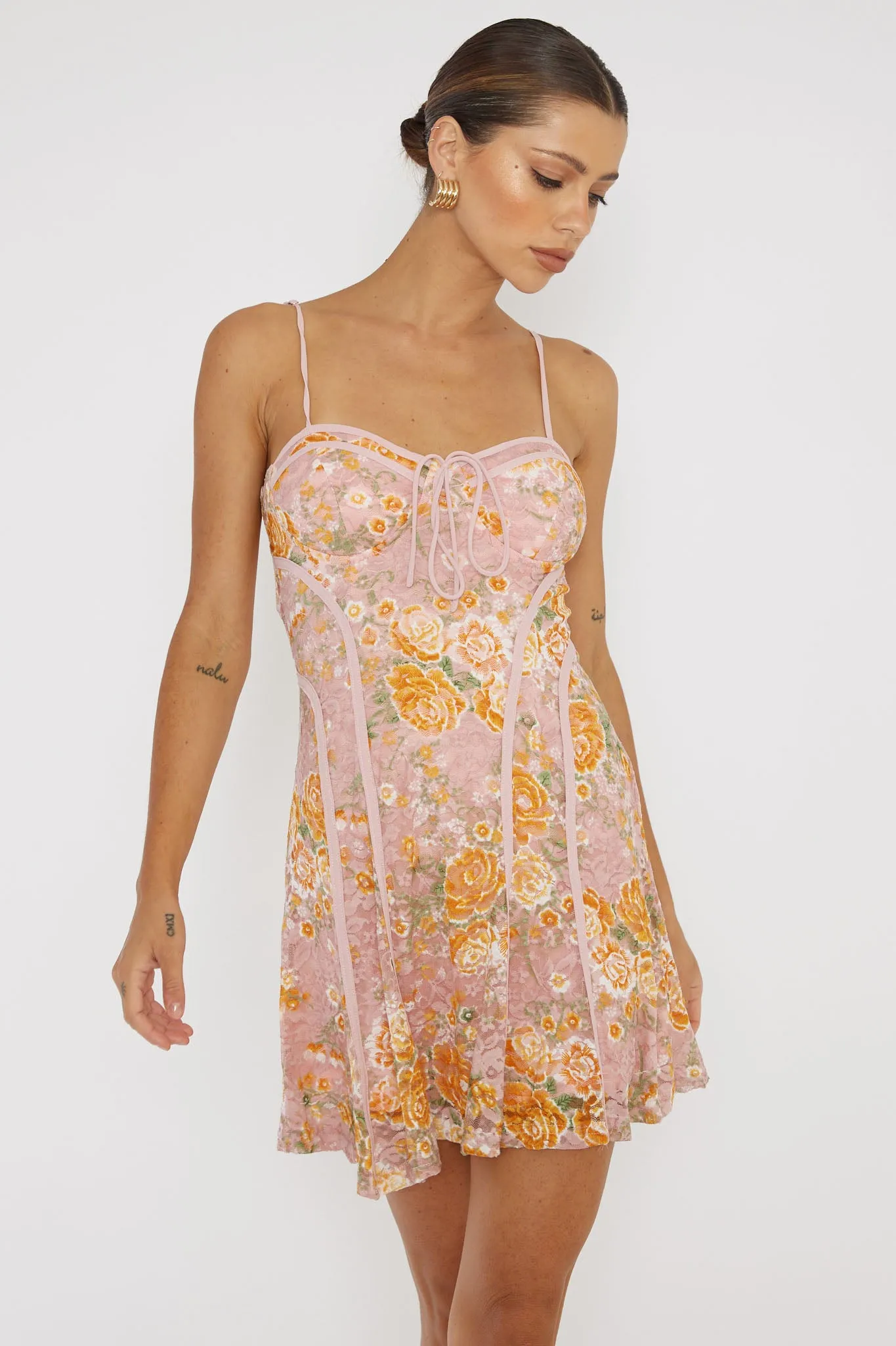 Find Your Way Lace Piping Mini Dress Pink