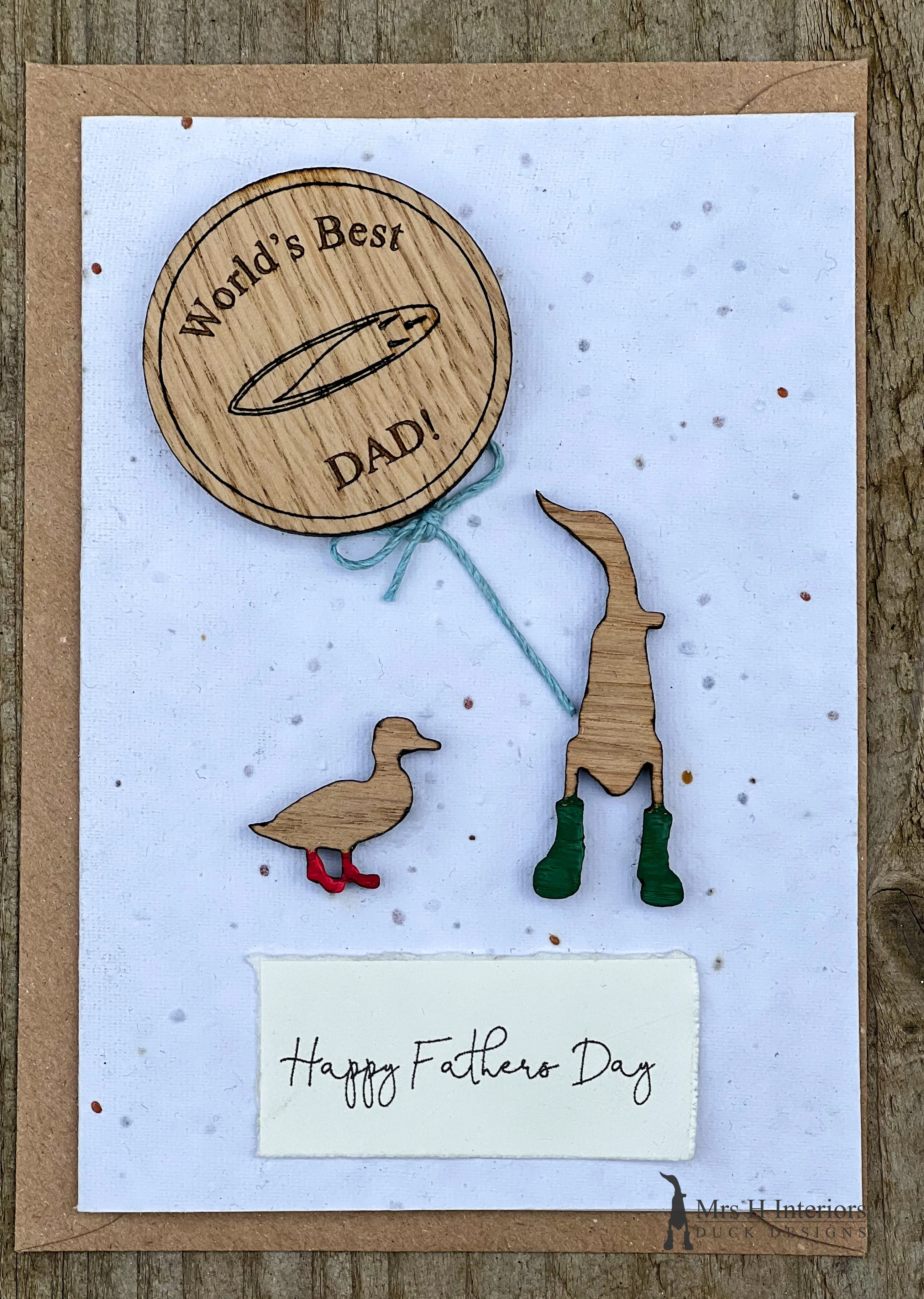 For Him - Birthday or Father’s Day Card with badge or magnet - Decorated Wooden Duck in Boots by Mrs H the Duck Lady