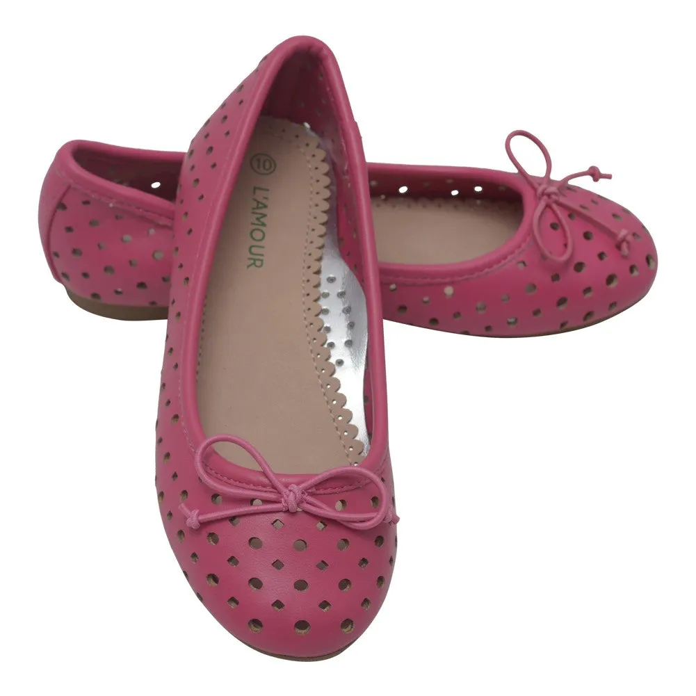 Girls Fuchsia Perforated Bow Ballet Trendy Flats 11-4 Kids