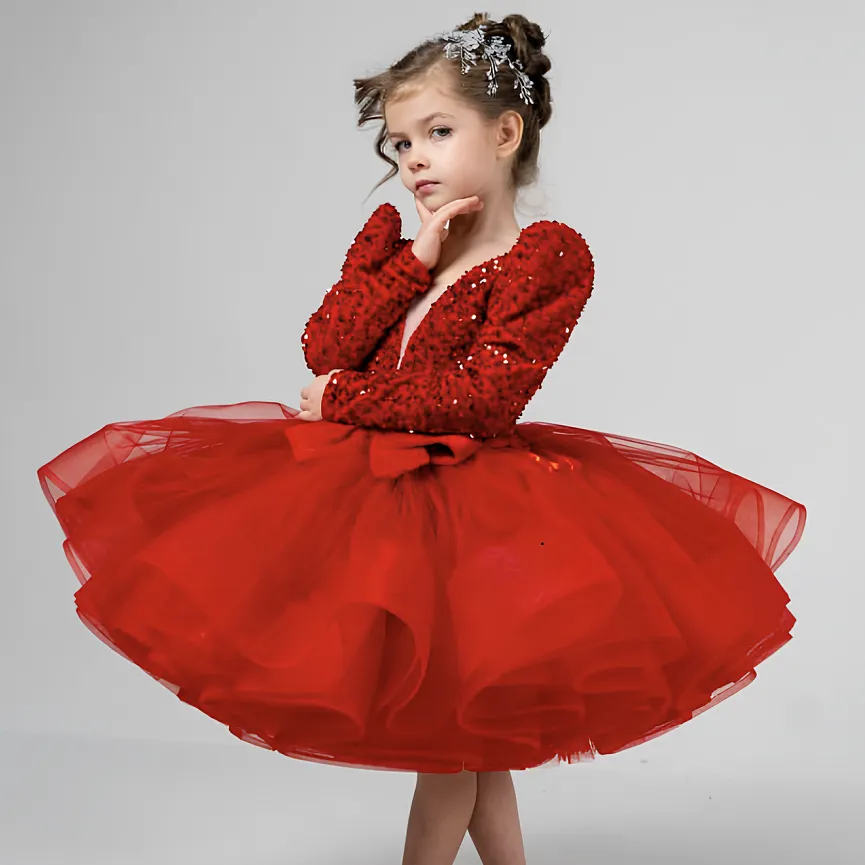 Girls sequined bow long-sleeved princess dress baby birthday evening dress