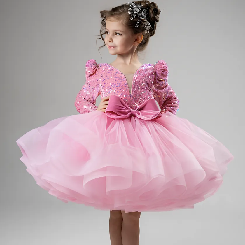 Girls sequined bow long-sleeved princess dress baby birthday evening dress