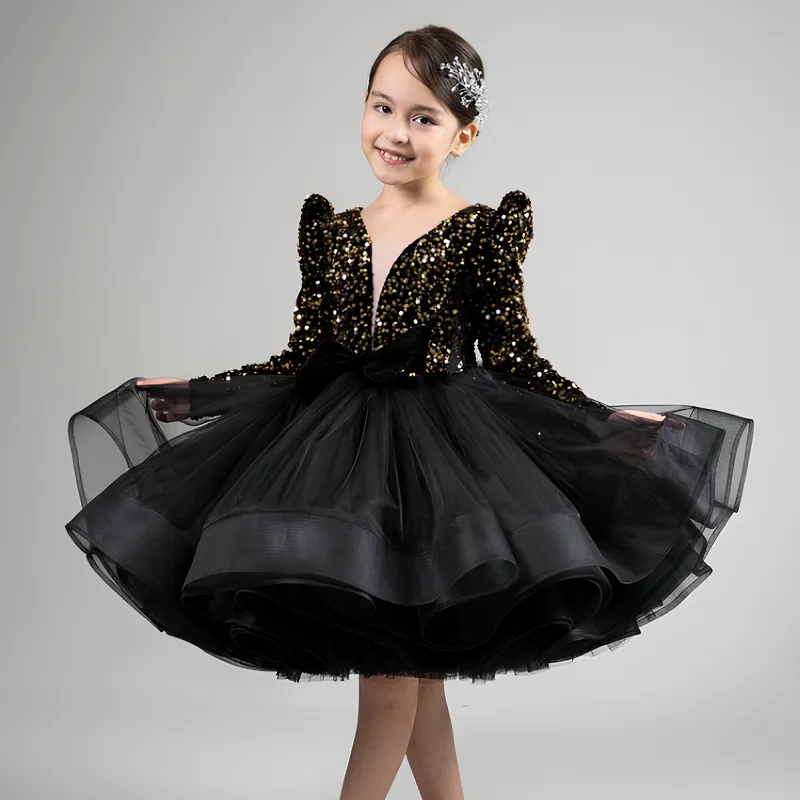 Girls sequined bow long-sleeved princess dress baby birthday evening dress