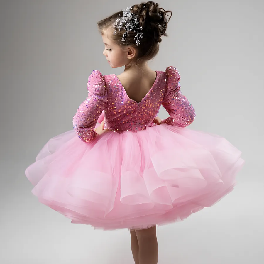 Girls sequined bow long-sleeved princess dress baby birthday evening dress