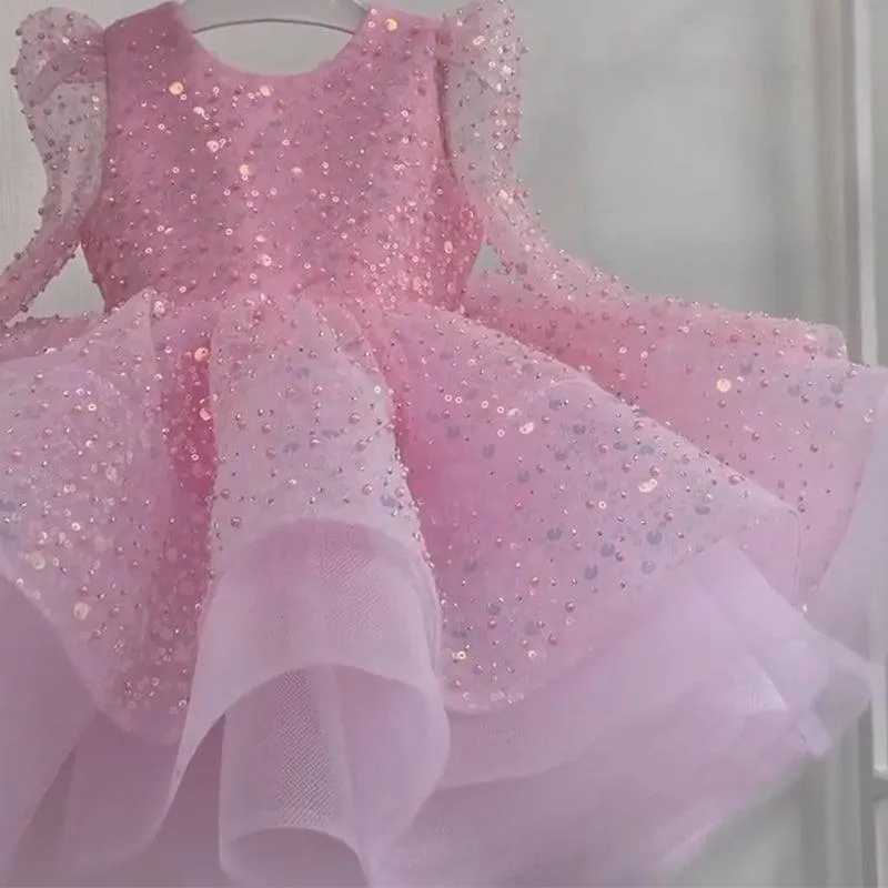 Glittering Pink Princess Dress Versatile Sequined Dress Exquisite Gown Designed for Little Girls