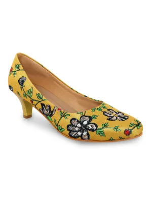 Golden Yellow Printed Kitten Heels