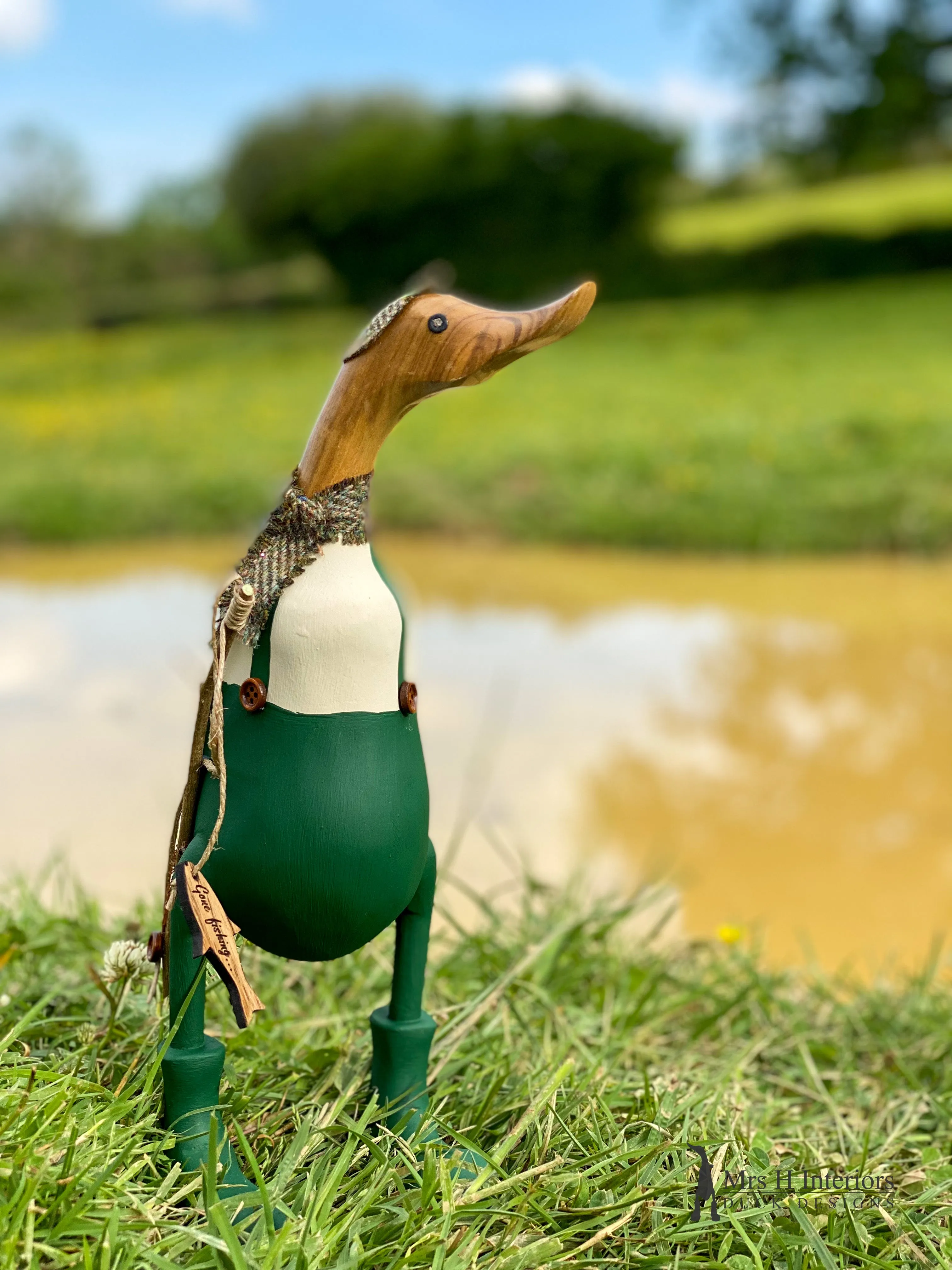 Gone Fishing Duck - Decorated Wooden Duck in Boots by Mrs H the Duck Lady