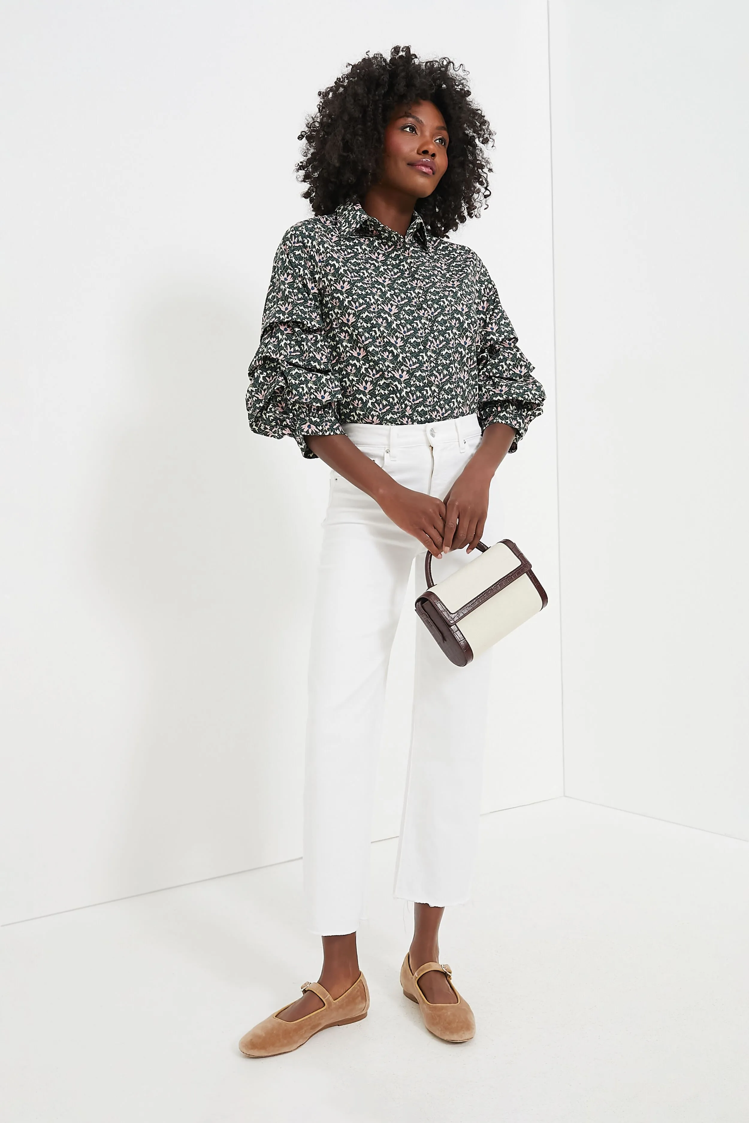 Green Floral Ruffle Sleeve Button Down Noah Blouse