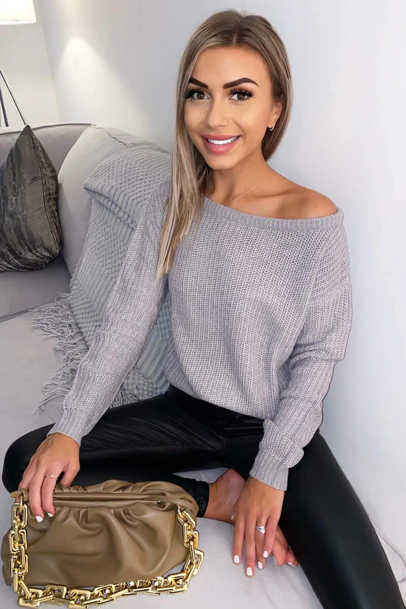 Grey Off The Shoulder Knitted Jumper