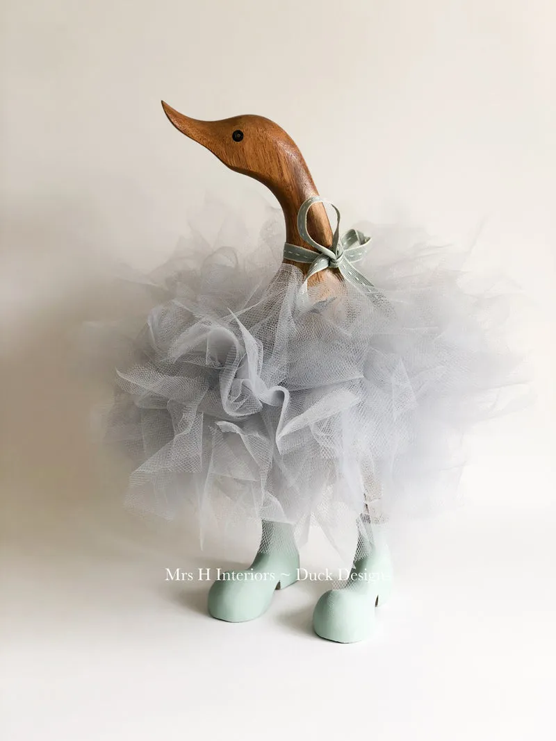 Grey Tutu Duck with Duck Egg Blue Boots - Decorated Wooden Duck in Boots by Mrs H the Duck Lady