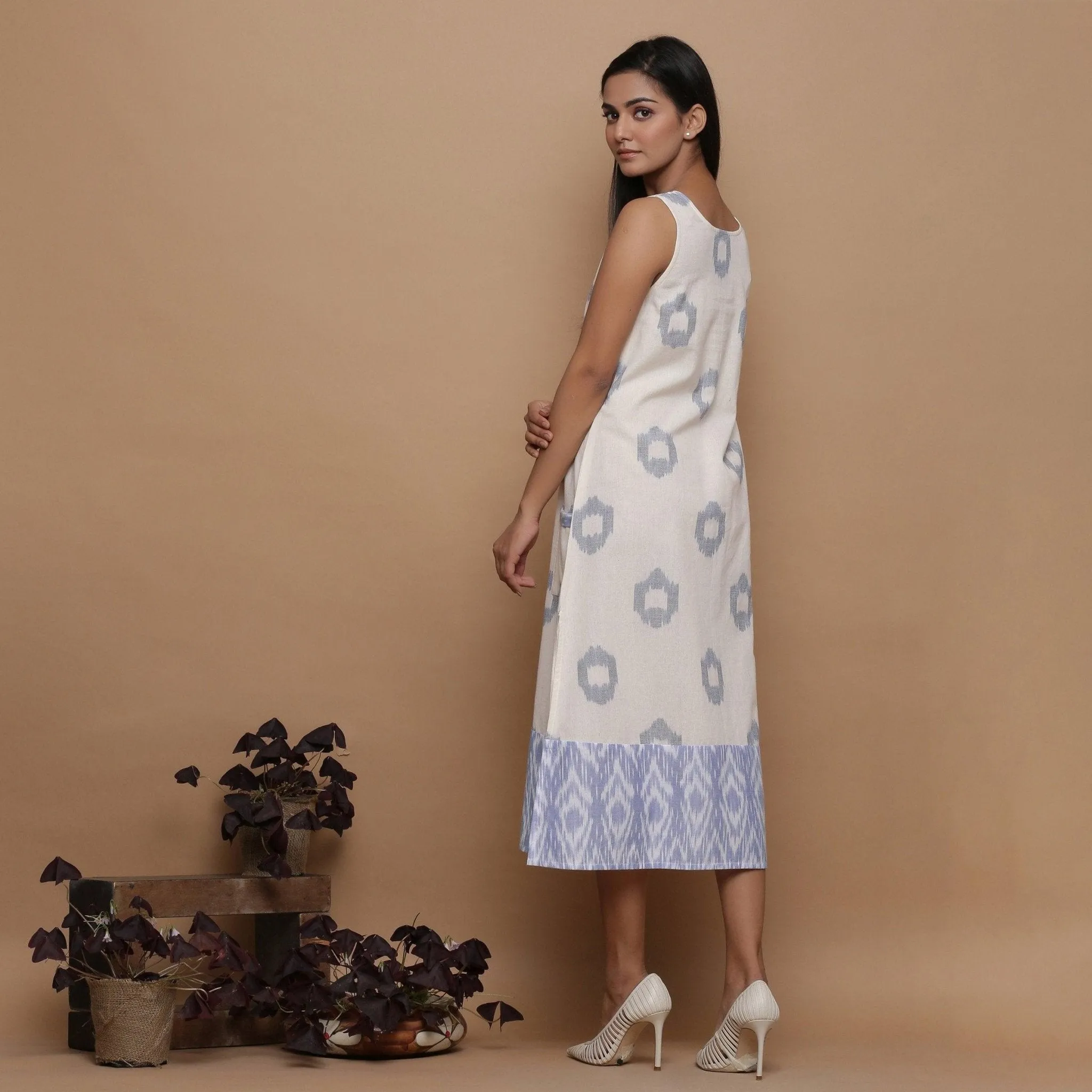 Handwoven Cotton Ikat Off-White Scoop Neck Shift Dress