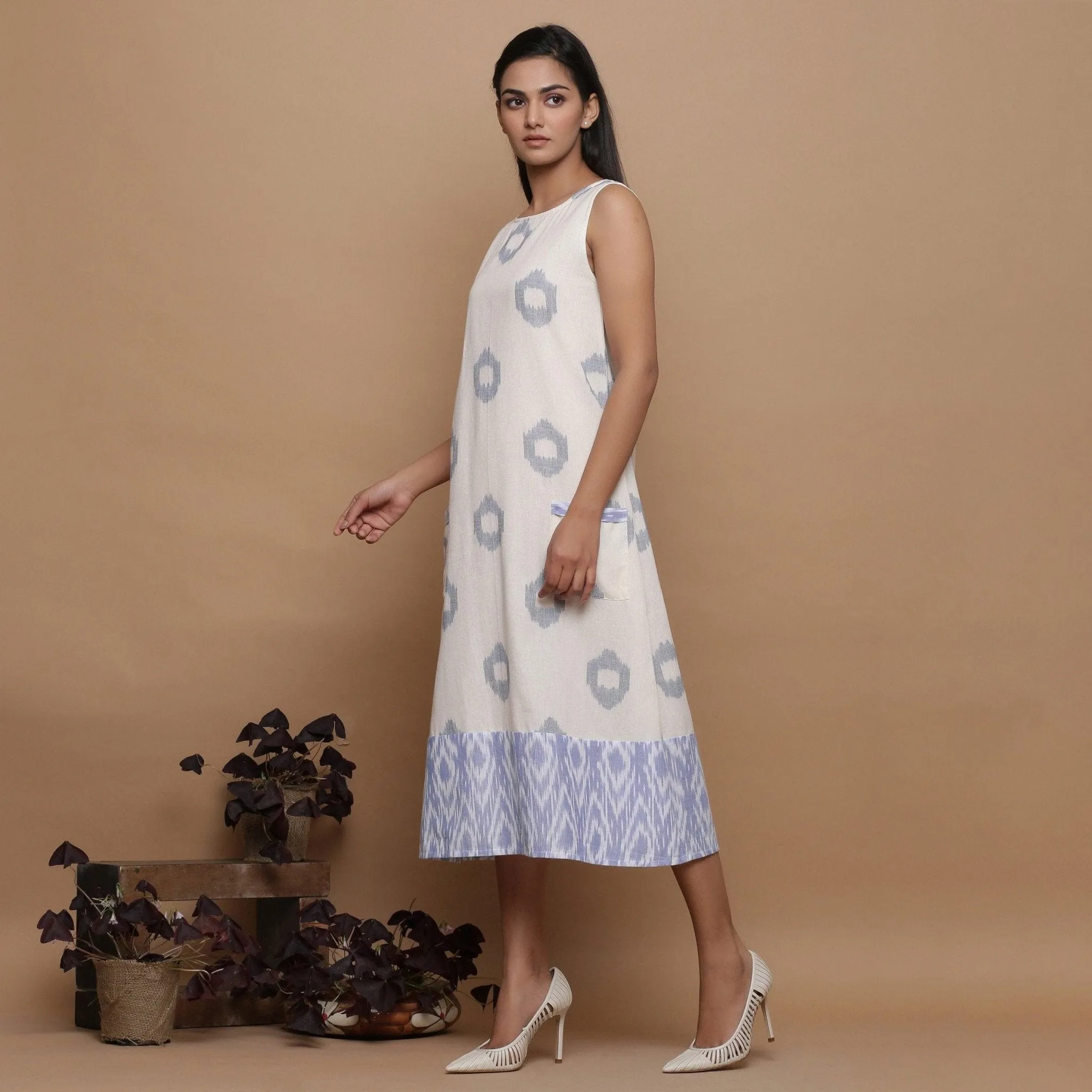 Handwoven Cotton Ikat Off-White Scoop Neck Shift Dress