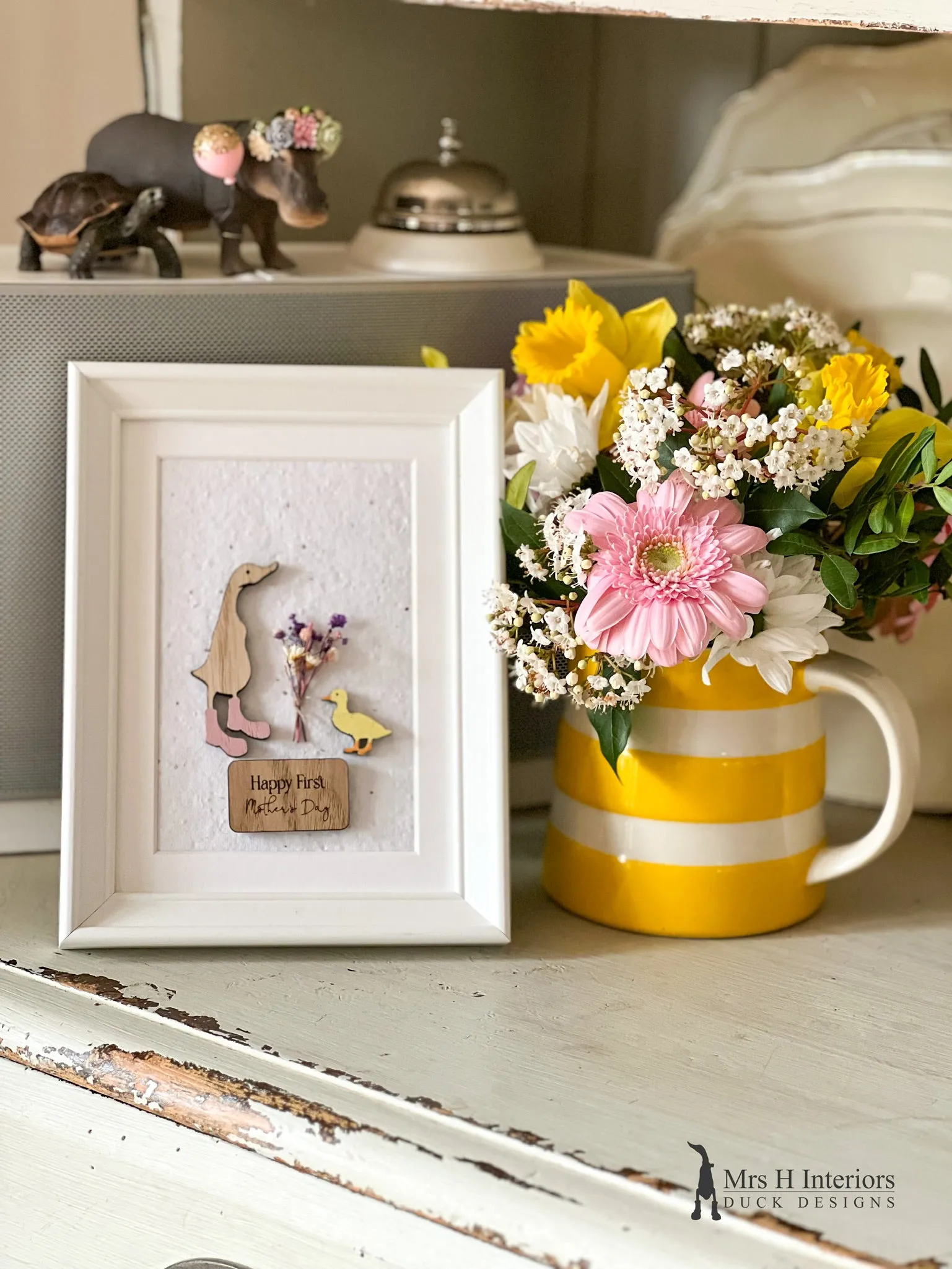 Happy First Mother's Day - Duck with Duckling - Mother's Day Card - Decorated Wooden Duck in Boots by Mrs H the Duck Lady