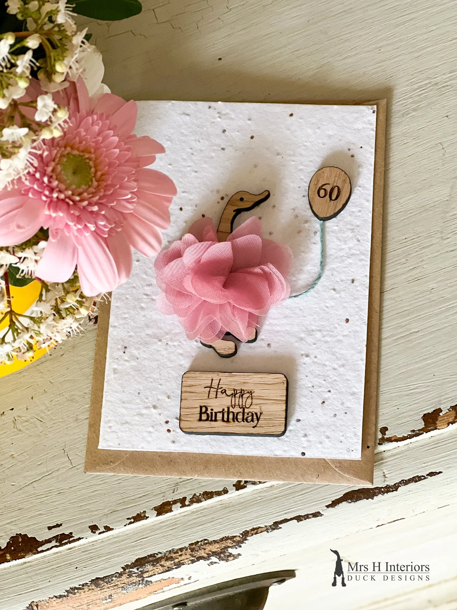 Happy Special Birthday Duck Tutu Card (Any Age) -  Greetings Card - Decorated Wooden Duck in Boots by Mrs H the Duck Lady