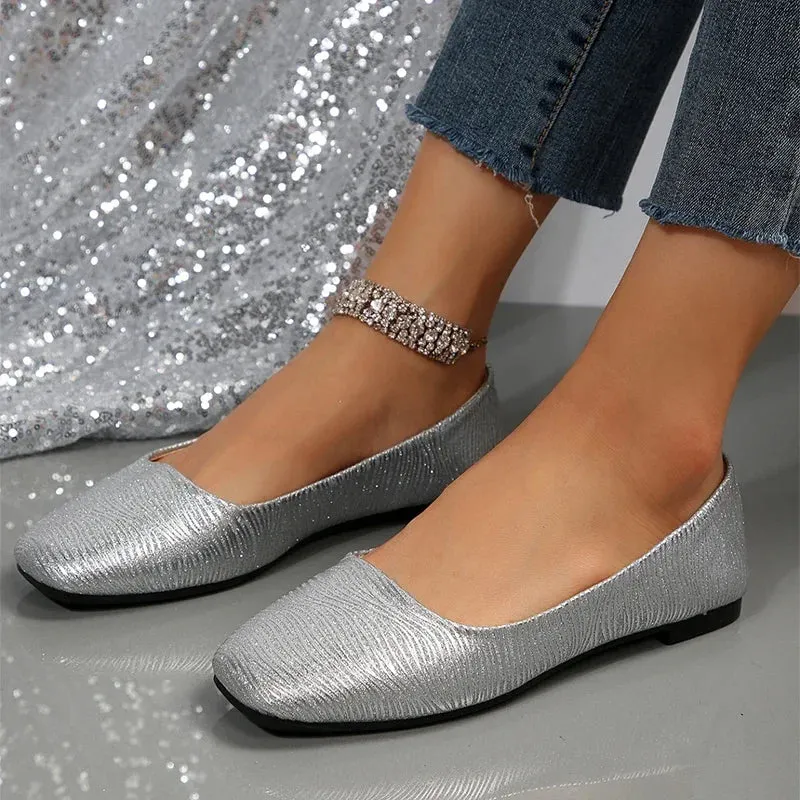 Hnzxzm Ballet Dance Shoes Women Square Toe Flats Silver Shallow Loafers Shoes Spring Casual Fashion 2024 Cozy Walking Female Zapatillas